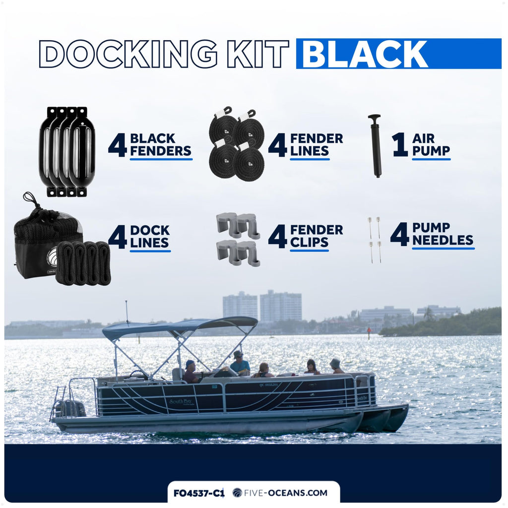 Five Oceans Boat Fenders Complete Set - Includes 4-Pack 4.5 X 16-Inch, Black - Boat Bumpers Clips, Dock Lines 3/8'' X 15' - 4 Ro