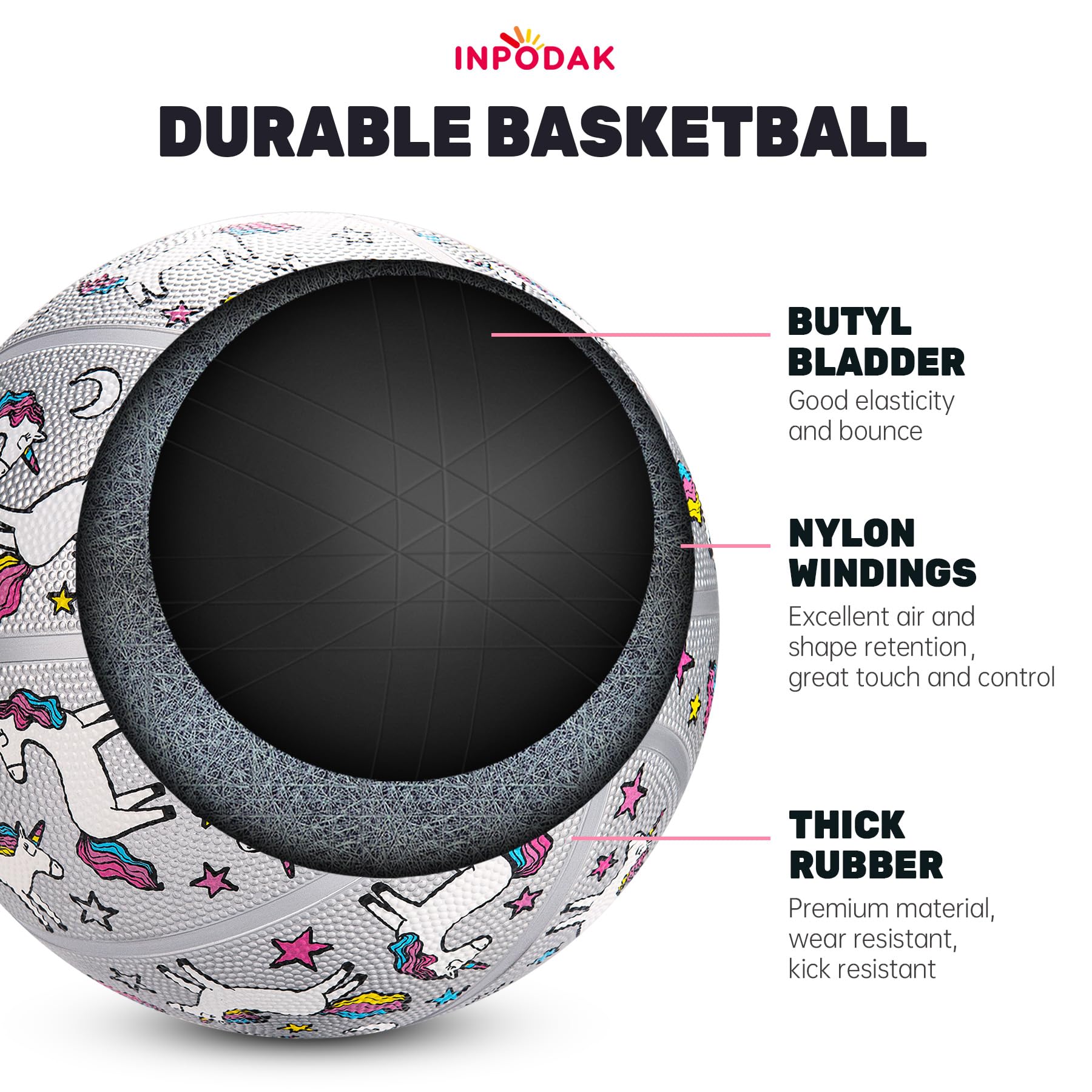 Inpodak Basketball 27.5 Inches Size 5 Unicorn Street Junior Basketball Classic Sport Ball Game Indoor Outdoor For Girl Kids Teen