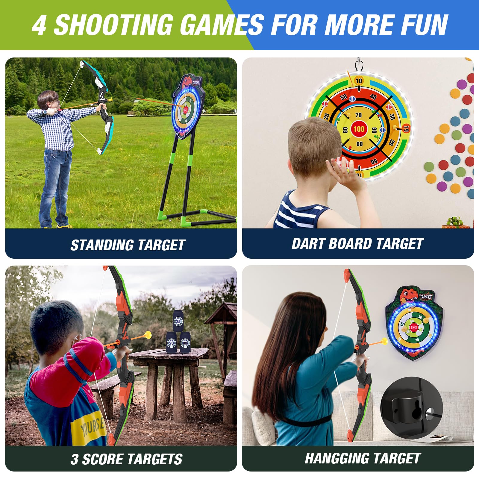 HYES 2 Pack Kids Bow and Arrow with 29 Large Dart Board, LED Light Up Archery Set with 24 Suction Cup Arrows, Indoor Outdoor Spo