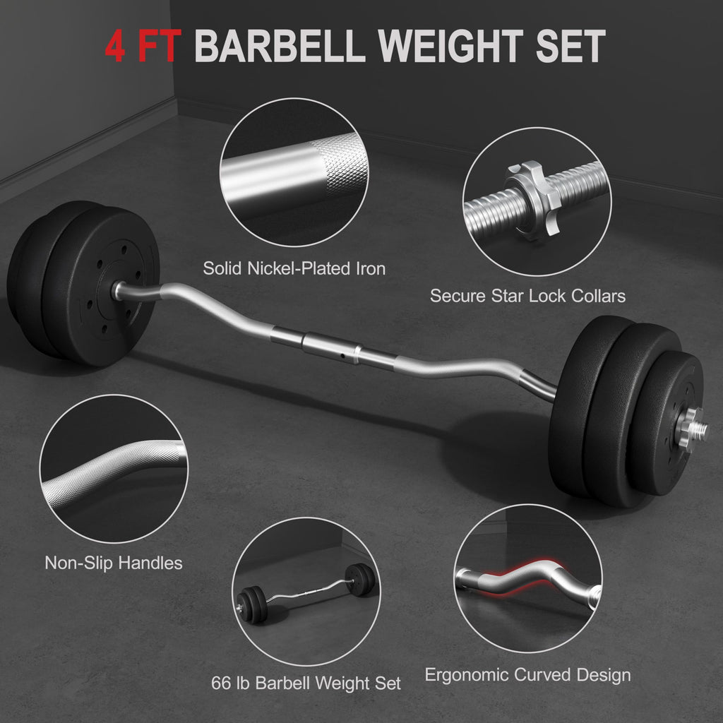 Yaheetech Barbell Weight Set - Olympic Curl Bar & 6 Olympic Weights & 2 Olympic Barbell Clamps for Lifts 66LB
