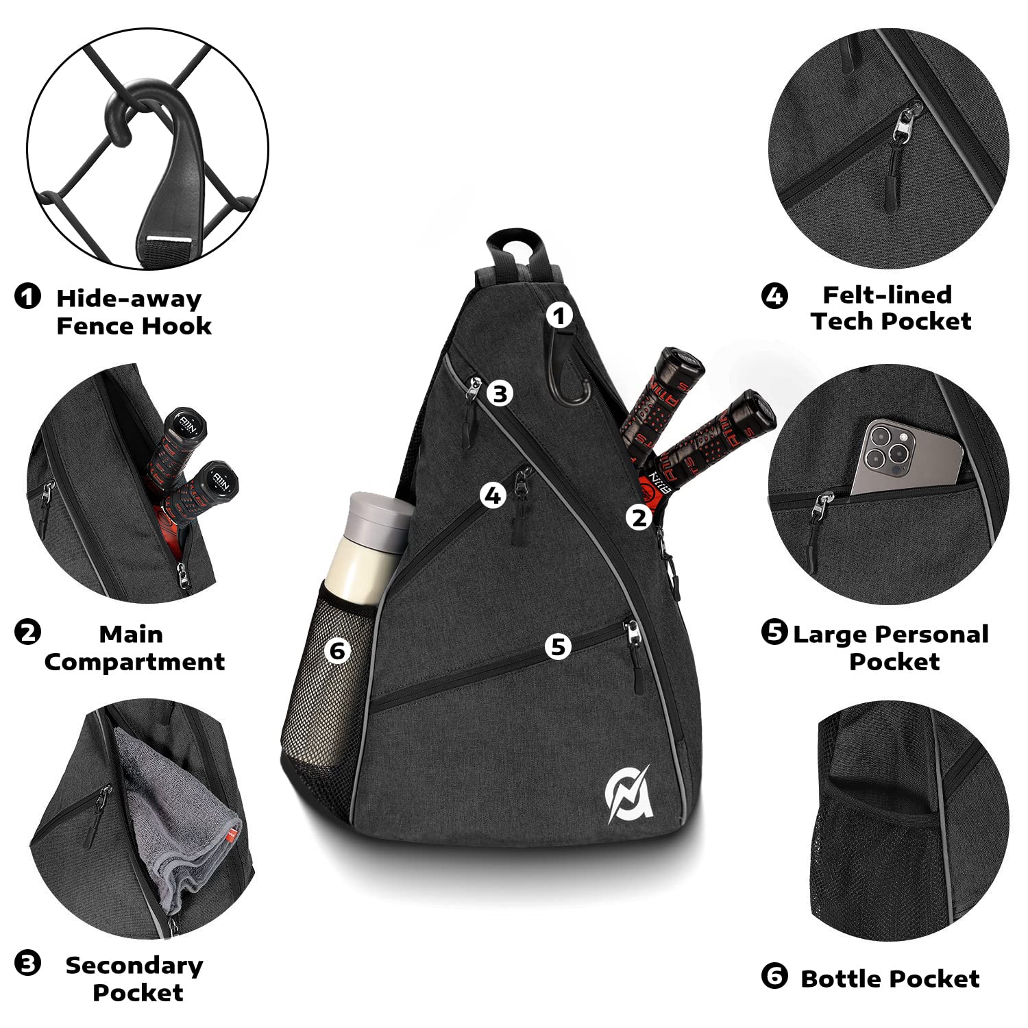 A11N Pickleball Bag, Reversible Crossbody Sling Bag/Backpack For Women Men, Black