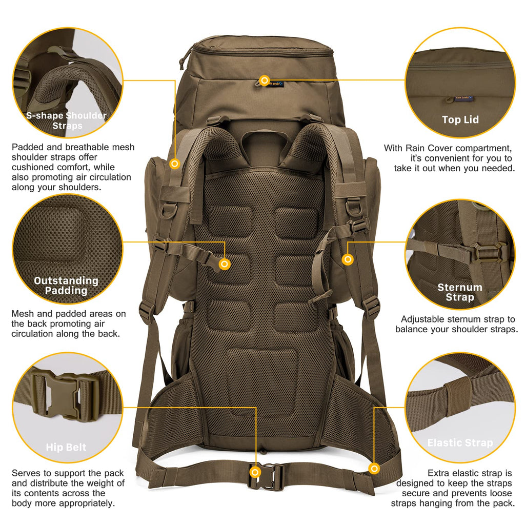 Mardingtop 60L Molle Hiking Internal Frame Backpacks With Rain Cover For Camping,Backpacking,Travelling(Khaki)