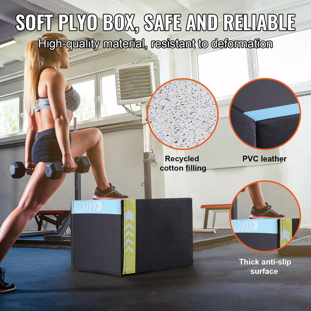 Vevor 3 In 1 Plyometric Jump Box, 16/14/12 Inch Cotton Plyo Box, Platform & Jumping Agility Box, Anti-Slip Fitness Exercise Step