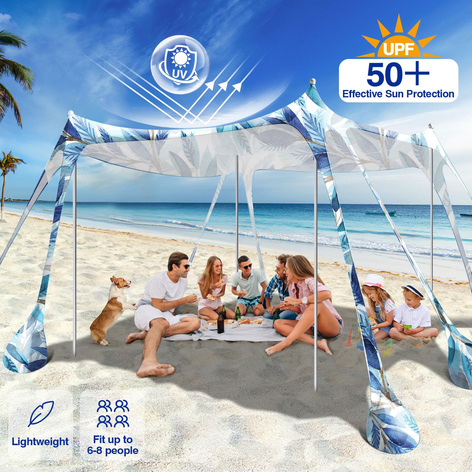 Rhino Valley Beach Tent,10X10 Ft Beach Shade Upf50+ Protection,Beach Canopy With 8 Sandbags 4 Stability Poles,Outdoor Beach Tent