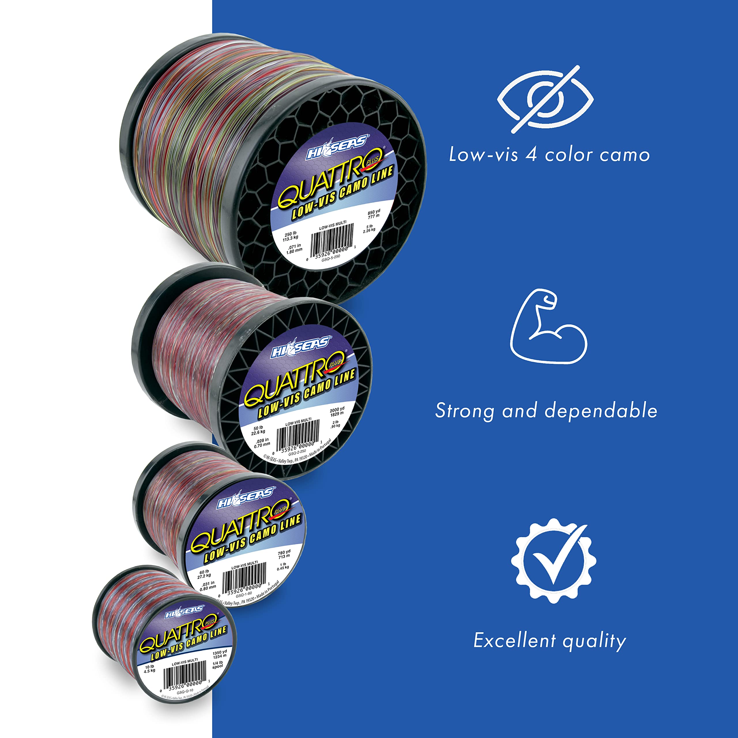 Hi-Seas Quattro Monofilament Line, 4 Color Camouflage, 15 Pound Test, 1/4-Pound Spool