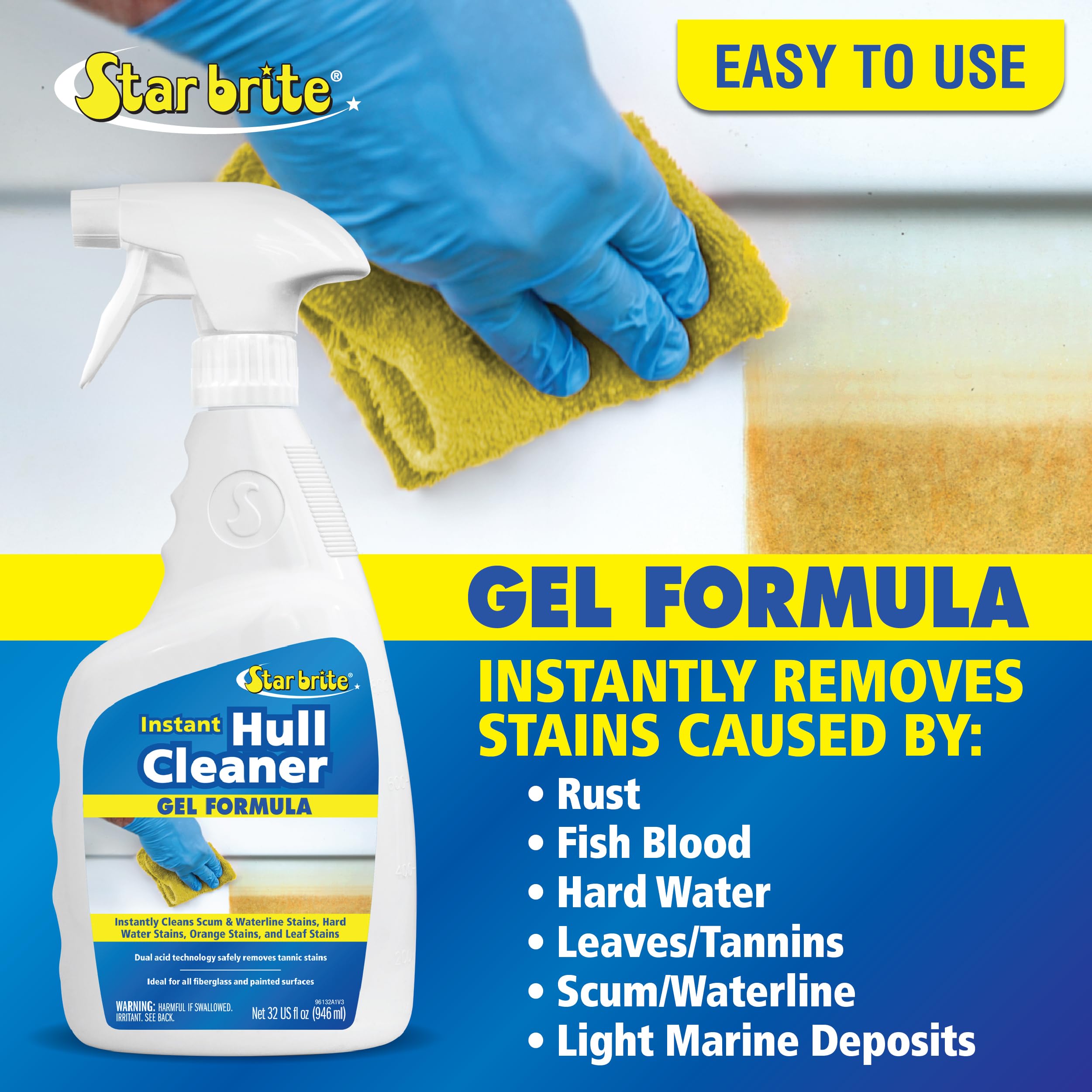 Star Brite Instant Hull Cleaner - 32 Oz Gel Spray - Easily Remove Stains, Scum Lines & Grime On Boat Hulls, Fiberglass, Plastic