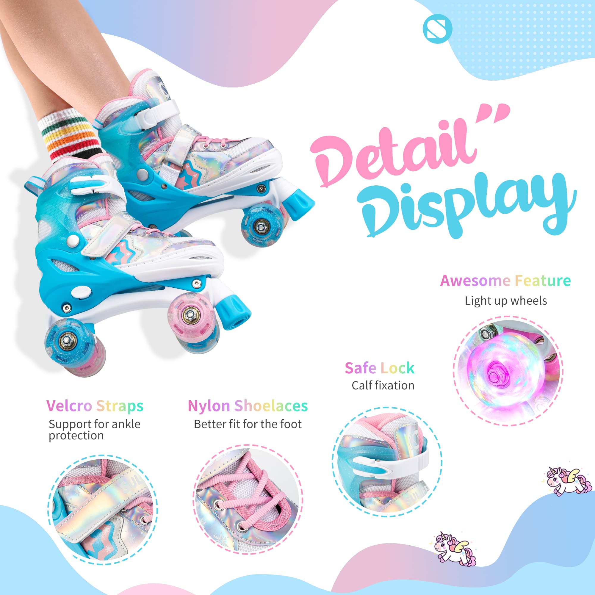 Sulifeel Rainbow Unicorn 4 Size Adjustable Light Up Roller Skates For Girls Boys For Kids Blue Small