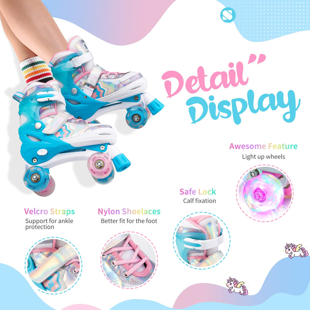 Sulifeel Rainbow Unicorn 4 Size Adjustable Light Up Roller Skates For Girls Boys For Kids Blue Medium