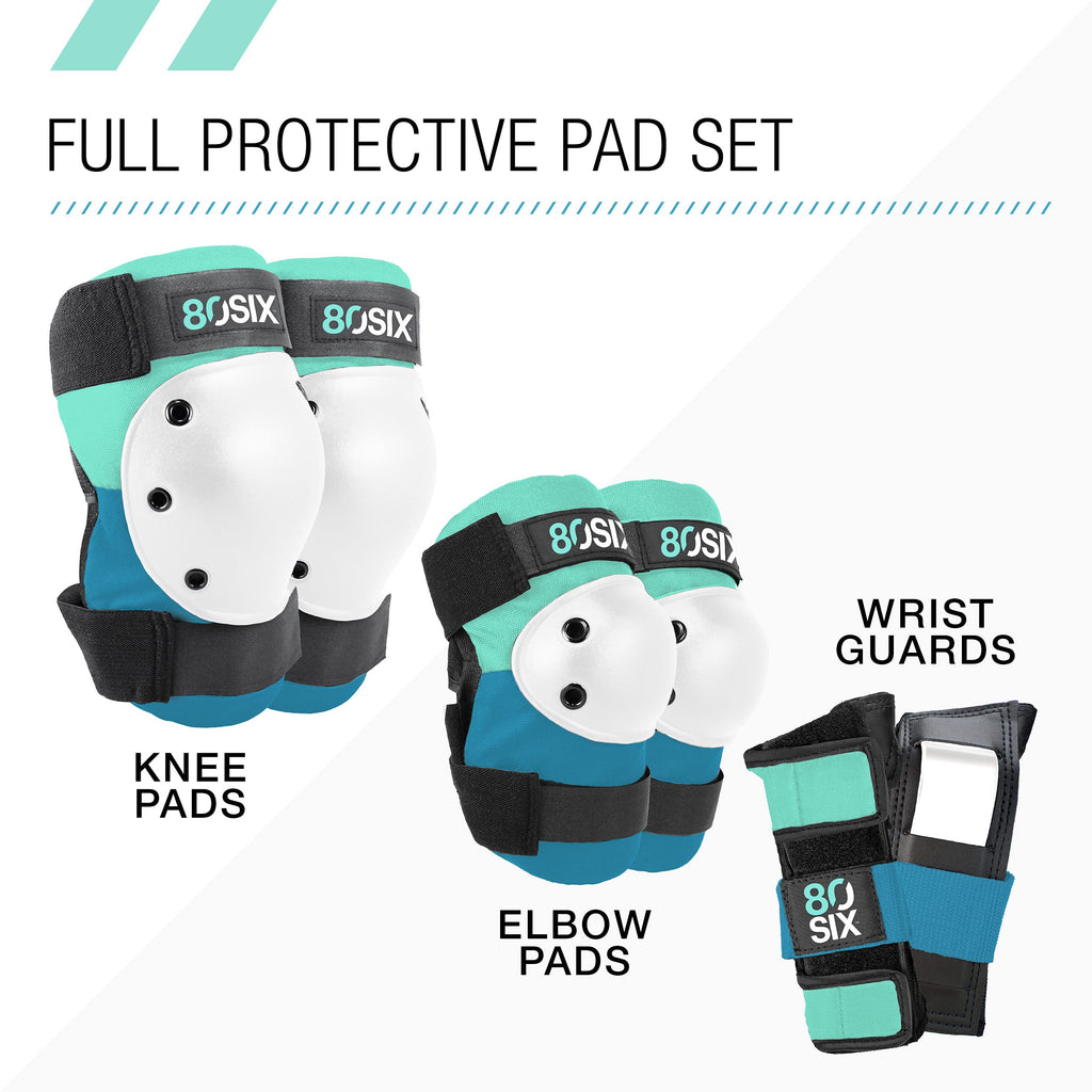 80Six Kids Multi-Sport Pad Set with Wristguards, Elbow Pads, and Knee Pads, Surf Green Teal, Small/Medium - Ages 8+