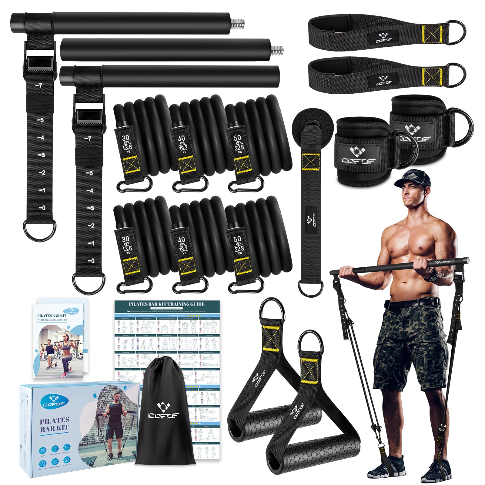 Pilates Bar Kit With Resistance Bands, Multifunctional Metal Exercise Bar With Heavy-Duty Metal Adjustment Buckle, Portable Home
