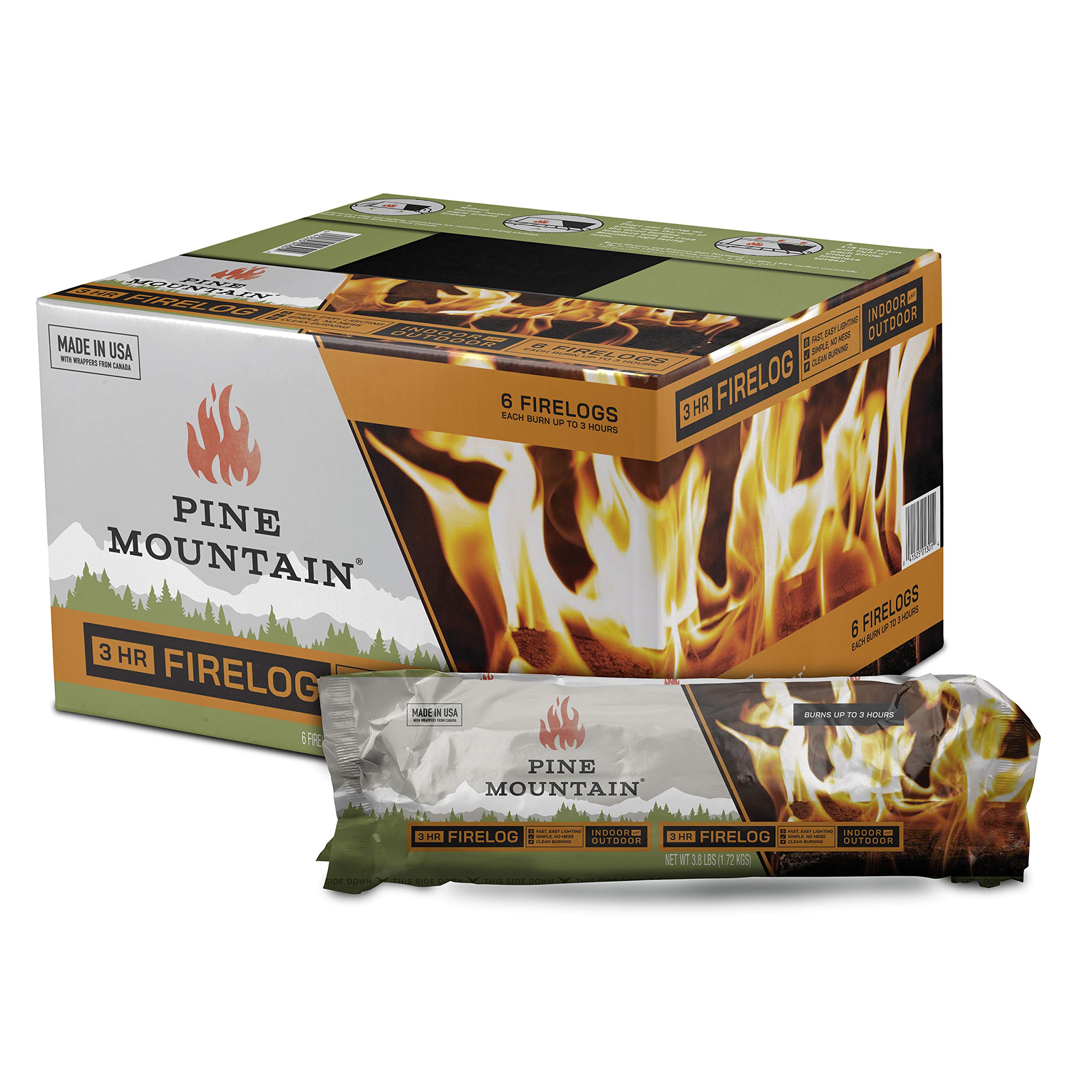 Pine Mountain Traditional 3-Hour Firelog, 6 Logs Long Burning Firelog For Campfire, Fireplace, Fire Pit, Indoor And Outdoor Use