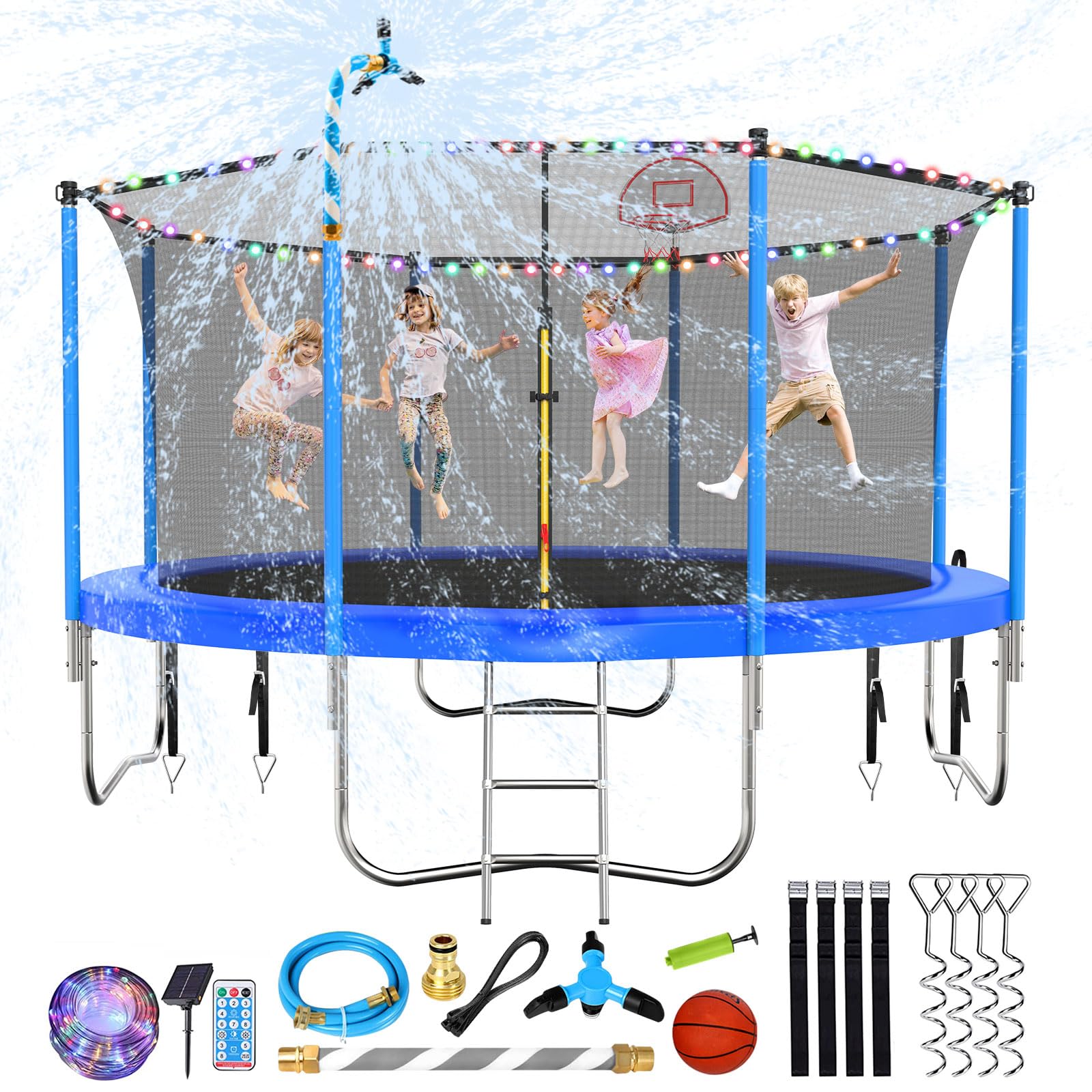 Lyromix Upgraded 12FT Trampoline with Lights, Large Outdoor Trampoline with Sprinkler,Basketball Hoop and Net, Capacity for 3-5 