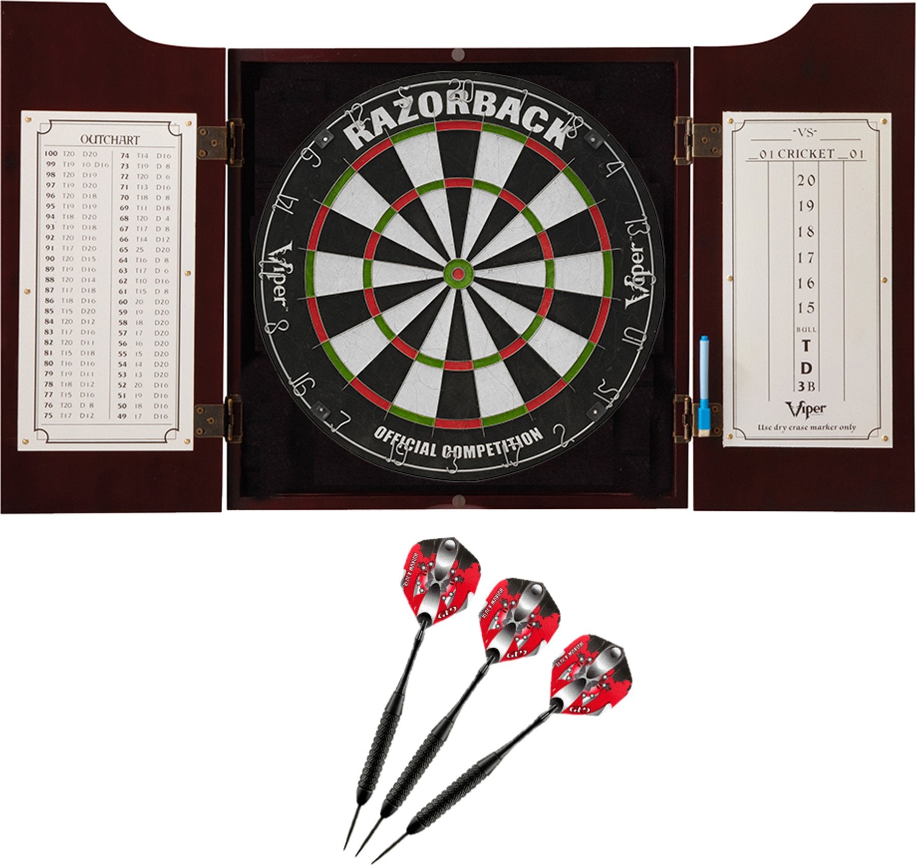 Viper By Gld Products Hudson All-In-One Dart Center: Classic Solid Wood Cabinet & Official Sisal/Bristle Dartboard Bundle: Premi