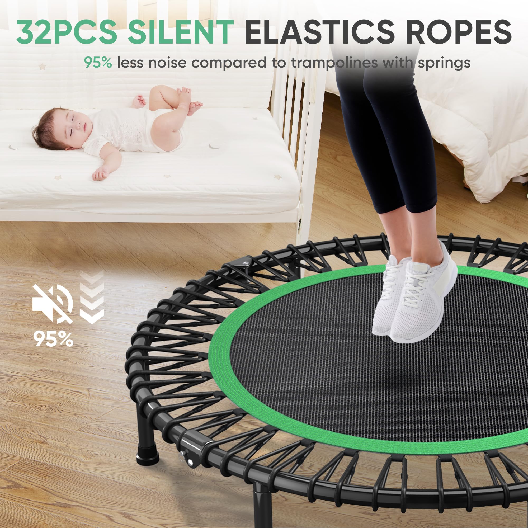 Hyd-Parts 40 Foldable Fitness Trampoline For Adults With 32 Bungee Cords 450Lbs, Portable Exercise Mini Trampoline, Small Reboun