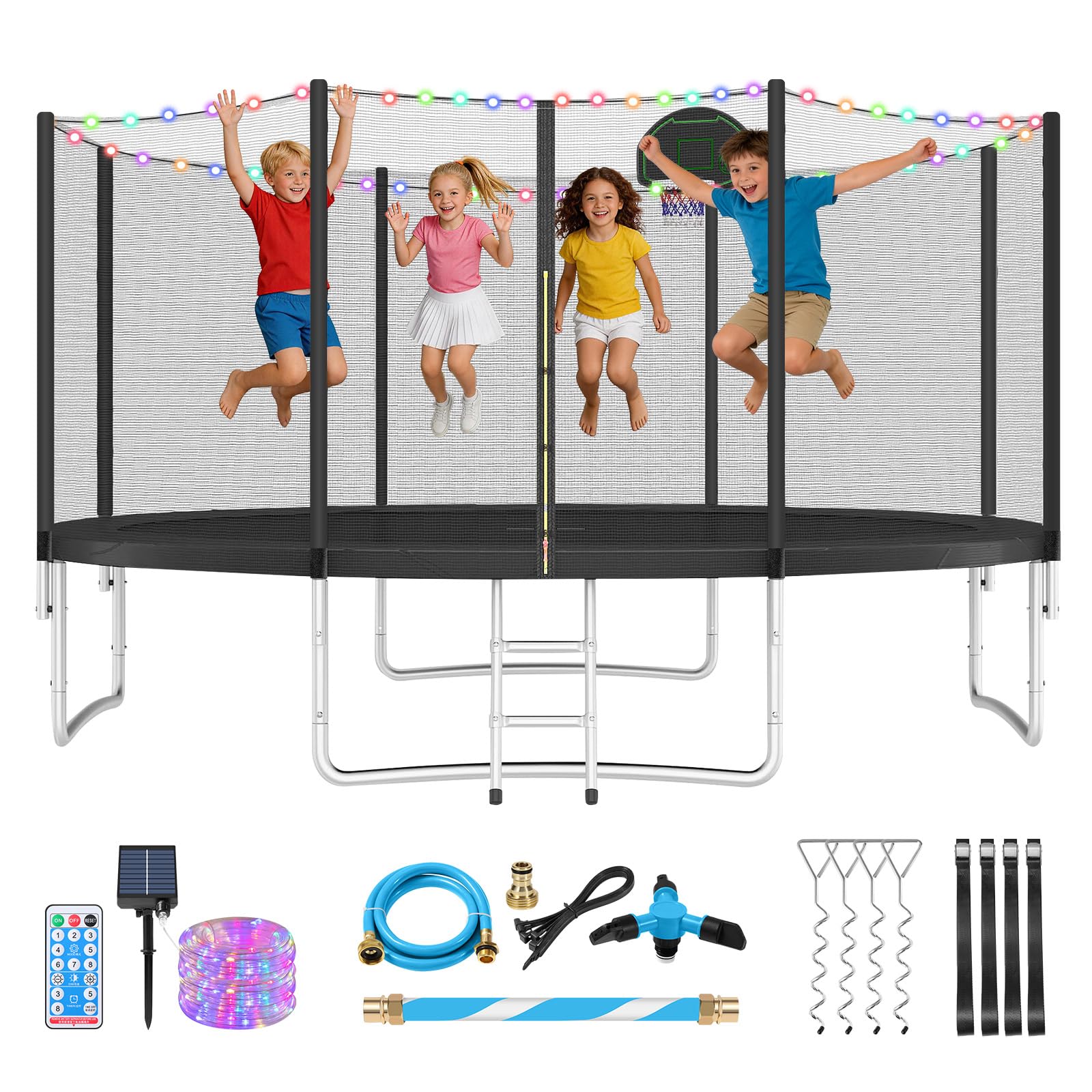 Lyromix Upgraded 14FT Trampoline with Lights, Large Outdoor Trampoline with Sprinkler,Basketball Hoop and Net, Capacity for 4-6 
