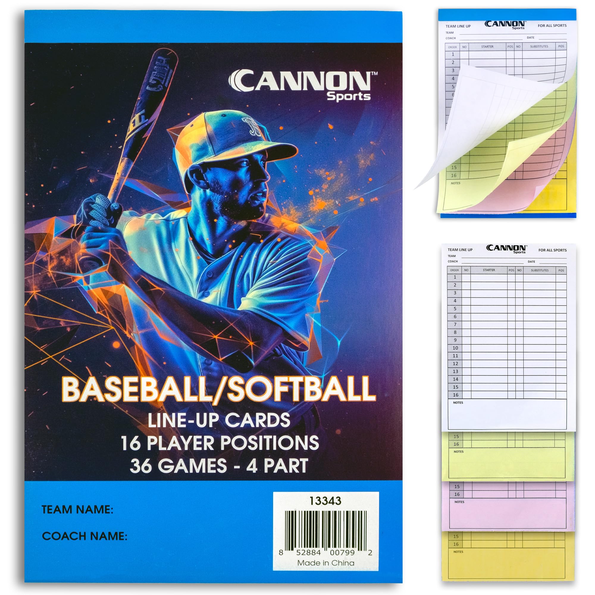 Cannon Sports Baseball Softball Lineup Cards - 36 Games, 16 Player Roster, 4-Part Carbon Copies - Lineup Sheets for Baseball/Sof