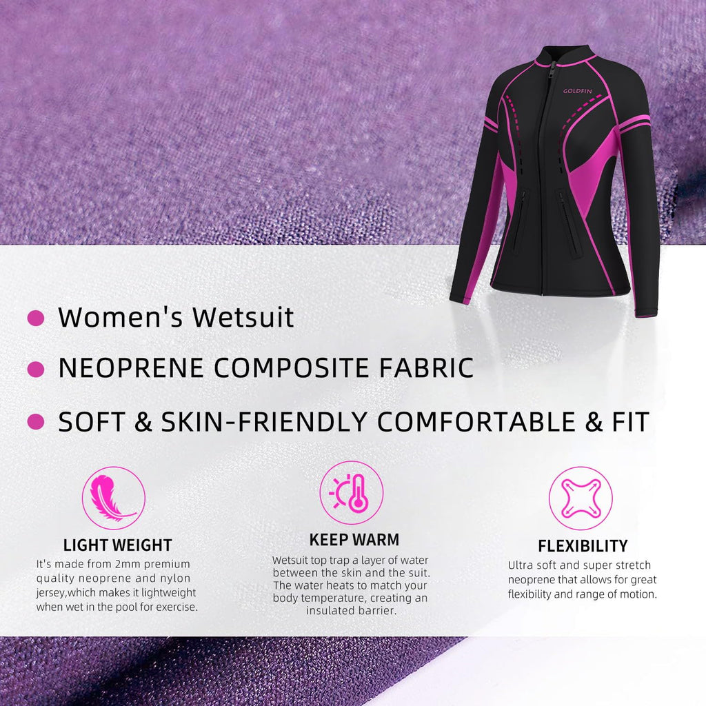 Goldfin Womens Wetsuit Top, 2Mm Neoprene Wetsuit Jacket Ladies Long Sleeve For Water Aerobics Diving Surfing Kayaking, Small