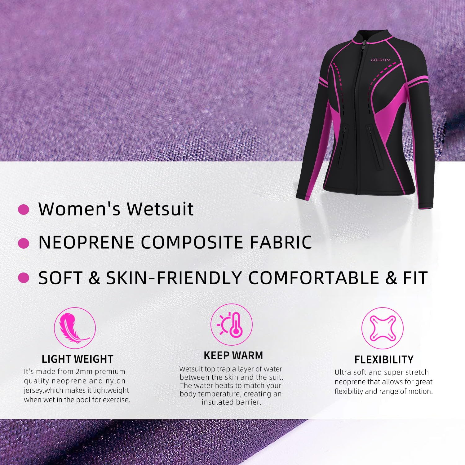 Goldfin Womens Wetsuit Top, 2Mm Neoprene Wetsuit Jacket Ladies Long Sleeve For Water Aerobics Diving Surfing Kayaking, Xx-Large