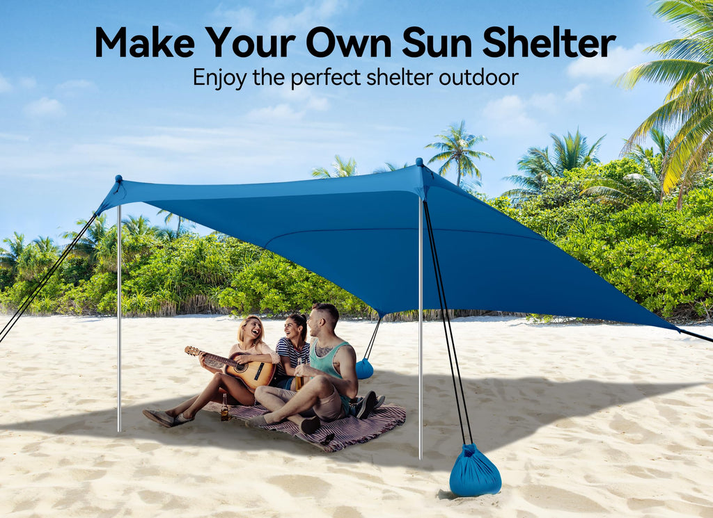 Beach Tent, Camping Sun Shelter 10 X 10Ft, With 4 Sandbags, Upf50+, Includes Sand Shovel, Ground Pegs & Stability Poles, Pop Up