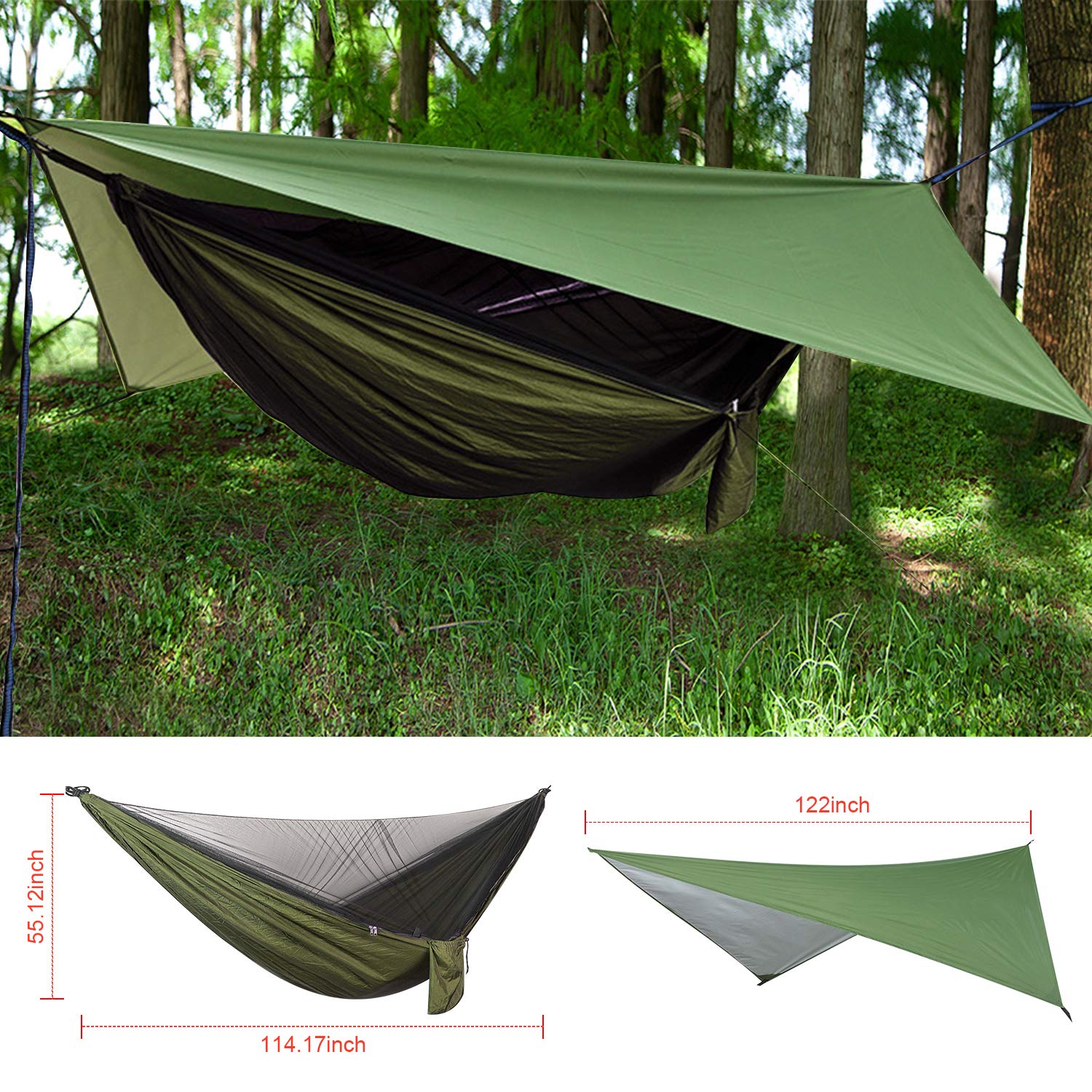 Firiner Camping Hammock With Rain Fly Tarp And Mosquito Net Tent Tree Straps, Portable Single Double Nylon Parachute Hammock Rai