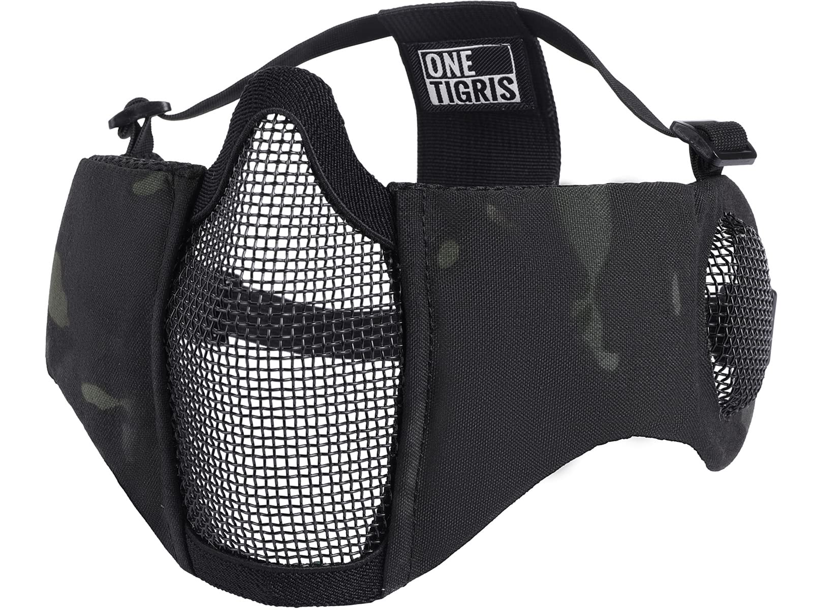 Onetigris 6'' Foldable Half Face Mesh Mask With Ear Protection, Tactical Lower Face Protective Mask (Camo Black)