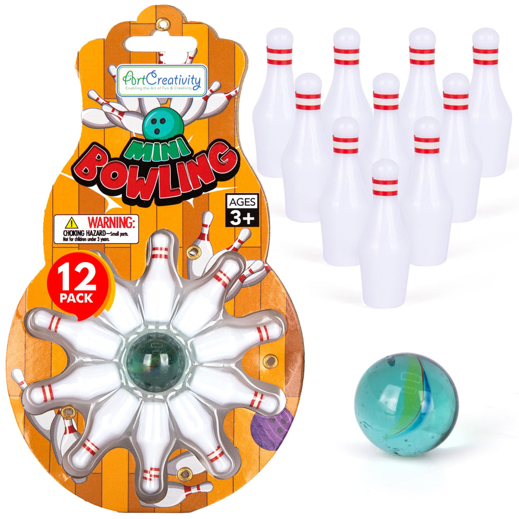 Artcreativity Mini Bowling Game, Set Of 12, Each Set Includes 10 Miniature Pins And 1 Marble Bowling Ball, Bowling Party Favors,