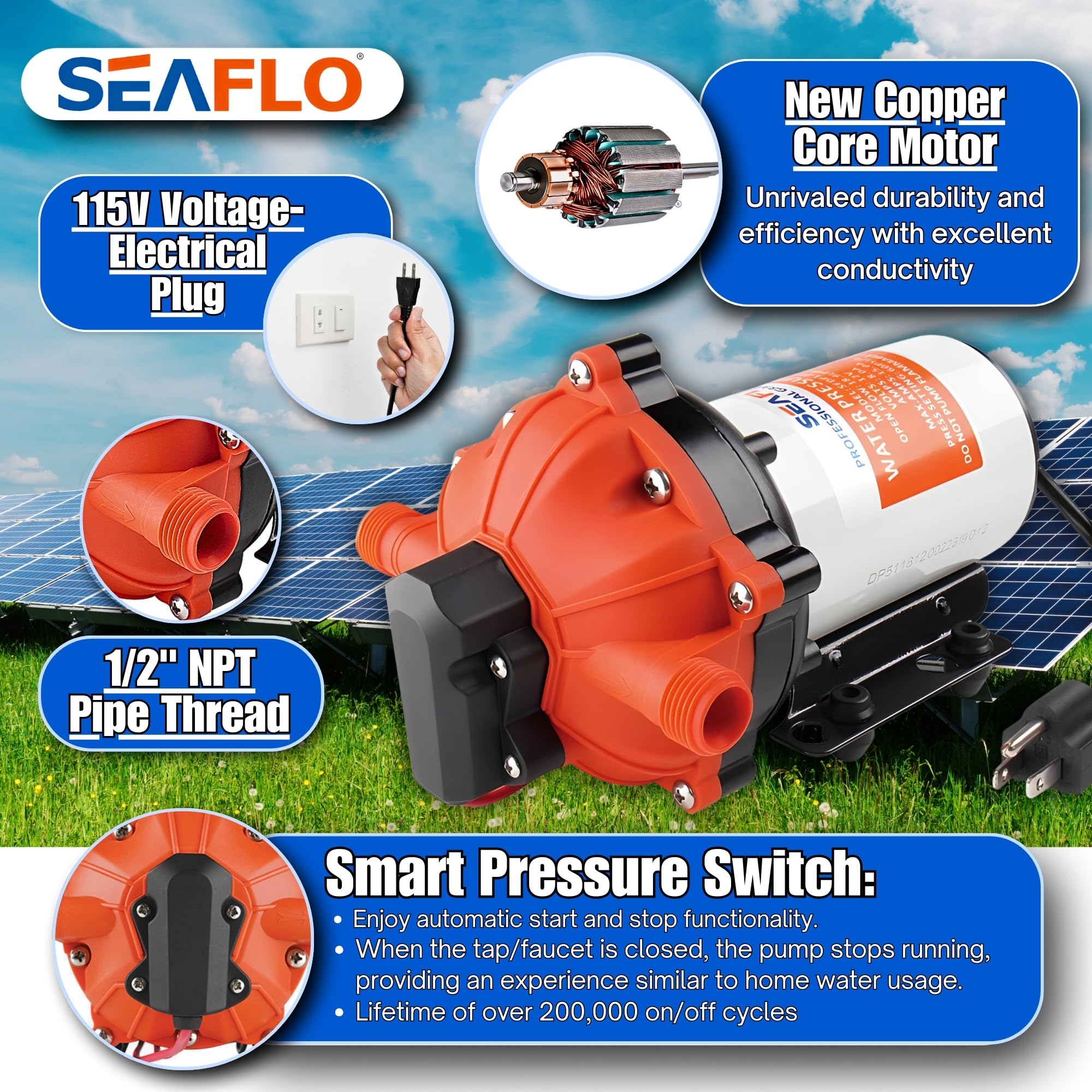 Seaflo 55-Series Industrial Water Pressure Pump W/Power Plug For Wall Outlet - 115Vac, 5.0 Gpm, 60 Psi | Self-Priming, Heavy Dut