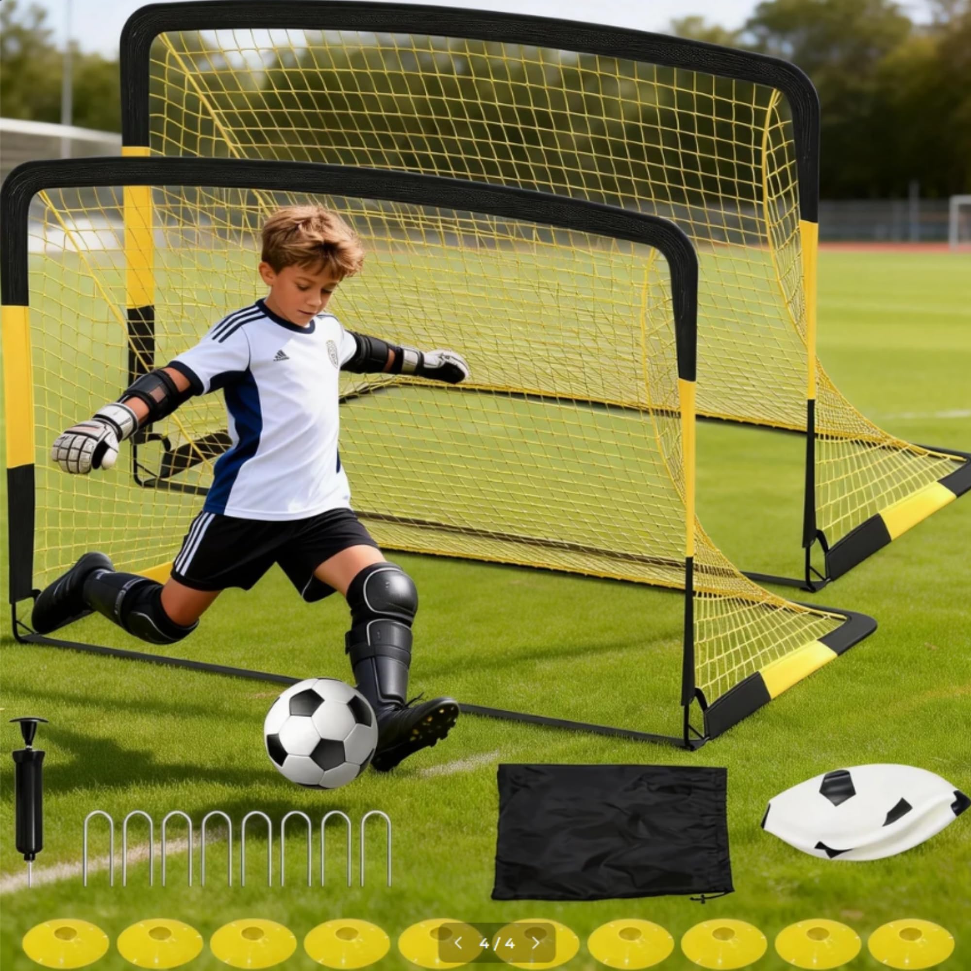 6x4 ft Soccer Goal Set, Portable 2-Pack Pop Up Nets with Ball, Pump, Cones & Bag - Kids Backyard Soccer Equipment, Easy Assembly