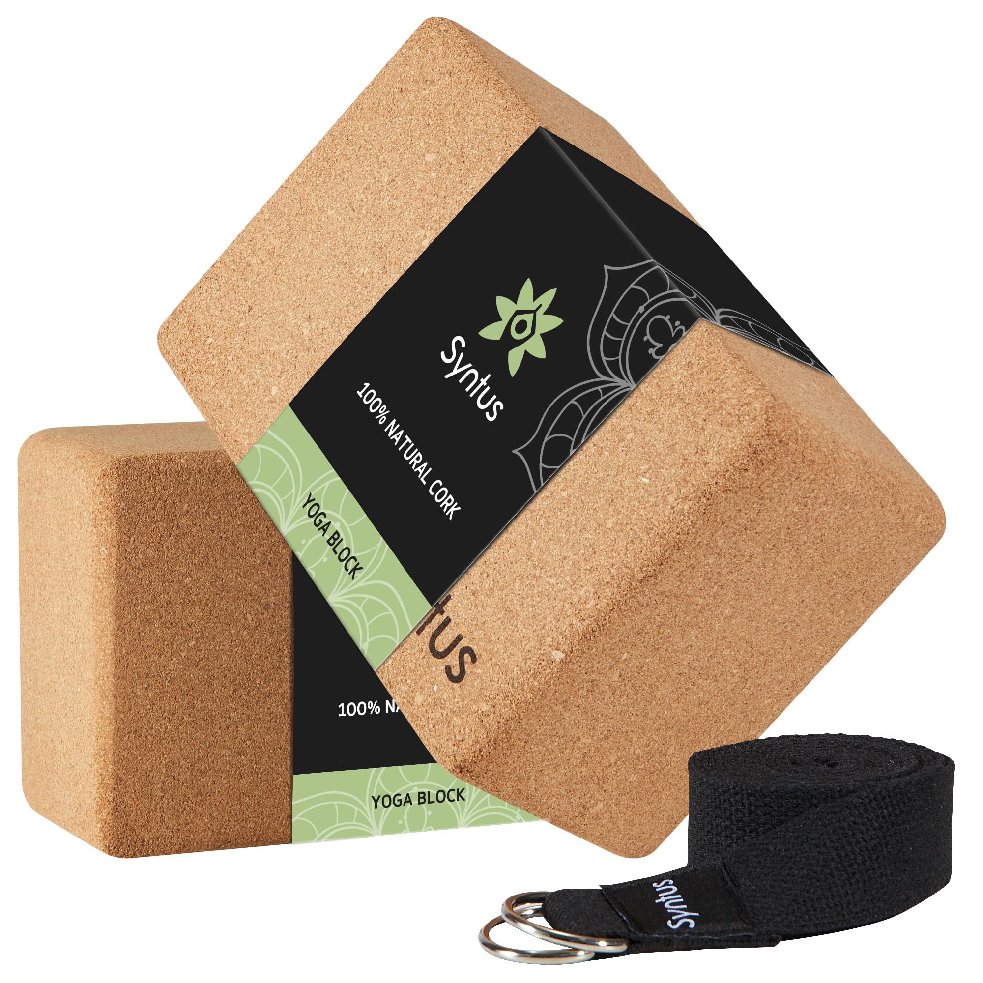 Syntus Cork Yoga Blocks And Yoga Strap Set, 2 Natural Cork Soft Non-Slip Yoga Blocks 9  6  4 Inches, 8Ft Metal D-Ring Strap For 