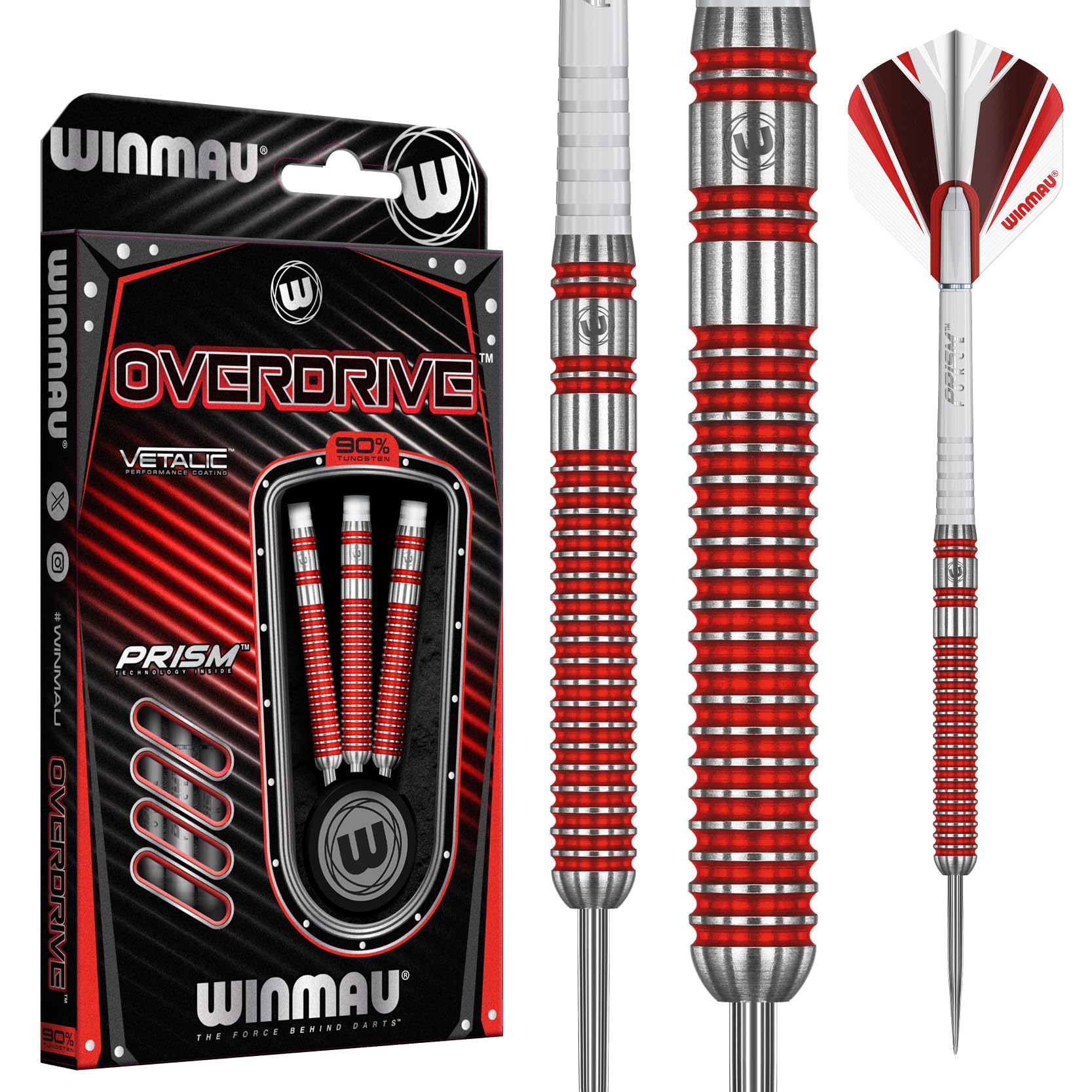 Winmau Overdrive Tungsten Steeltip Darts Set 25G With Prism Flights And Shafts (Stems)