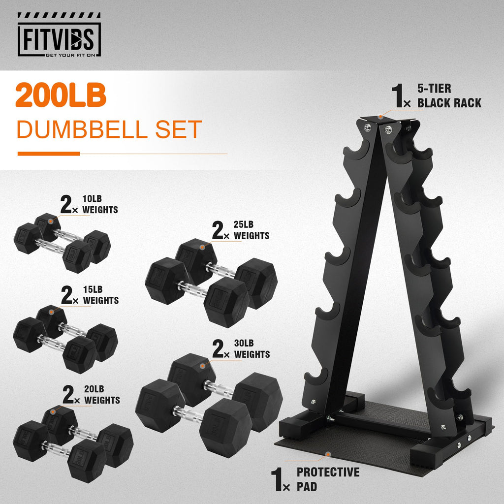 Fitvids Rubber Coated Hex Dumbbell Weight Set and Storage Rack, 200 LBS