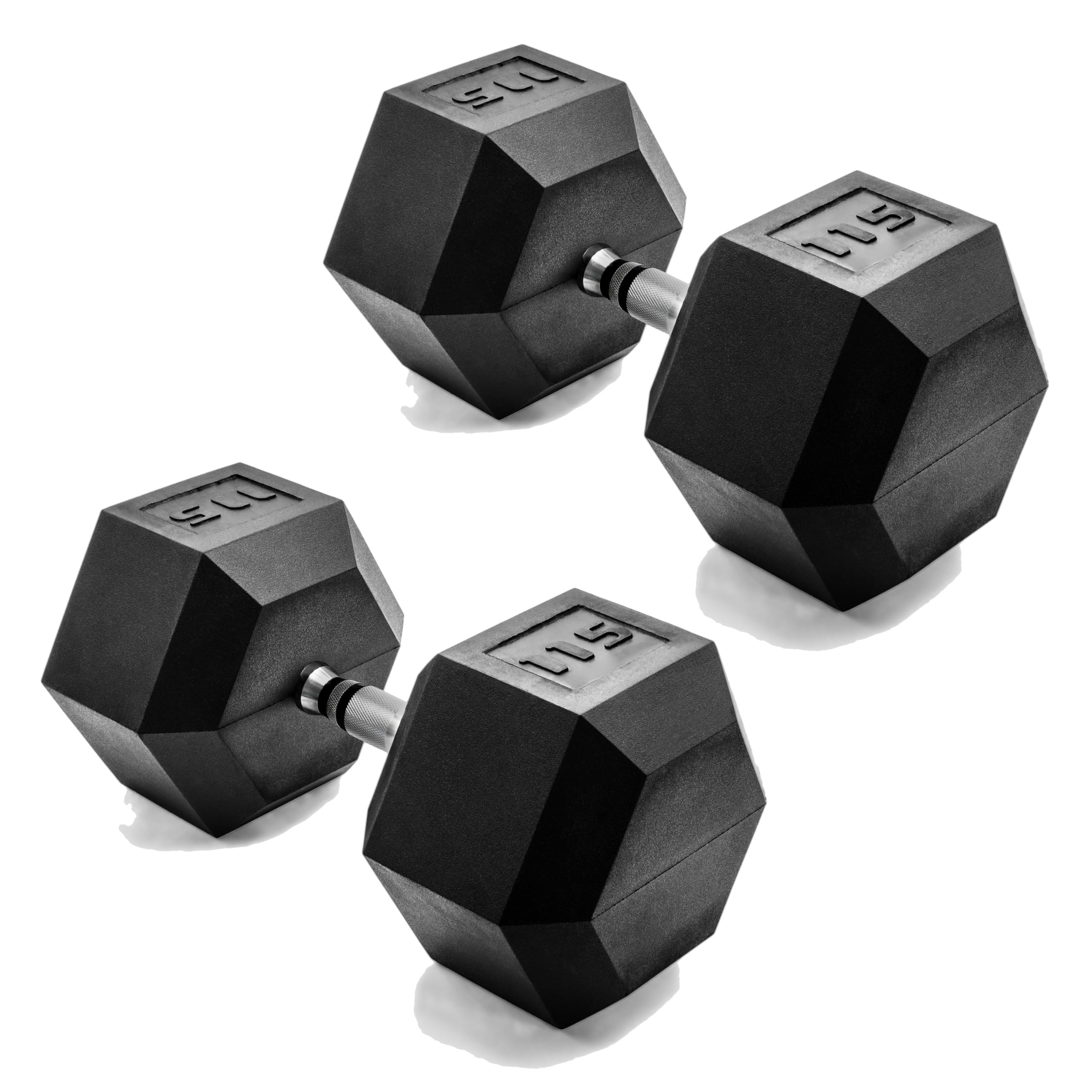 CAP Barbell 115 LB Rubber Coated Hex Dumbbell Hand Weight - Pair | Chrome Handle