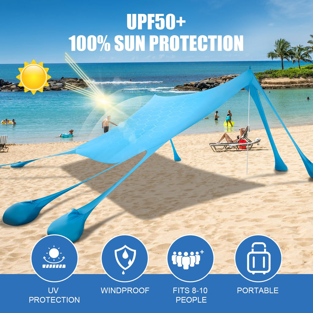 Beach Tent Sun Shelter, Beach Shade Canopy Upf50+, 10X10Ft Canopy Tent With 8 Sandbags, Sand Shovels, Ground Pegs & Stability Po
