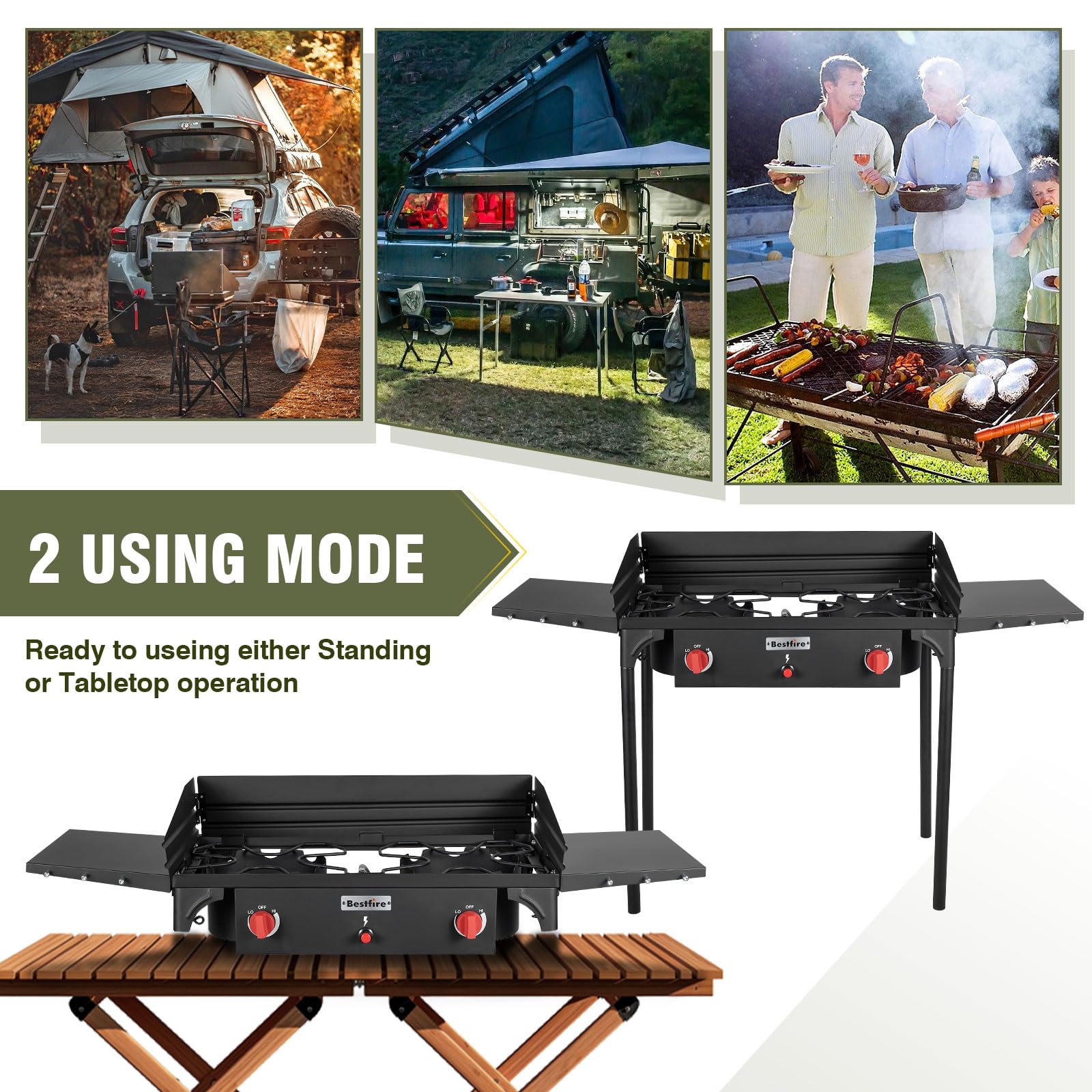 Bestfire 2 Burner Camping Stove With Windpanel& Side Shelves, Bag, Auto Ignition Button,Regulator,150,000 Btu Camping Stove Prop