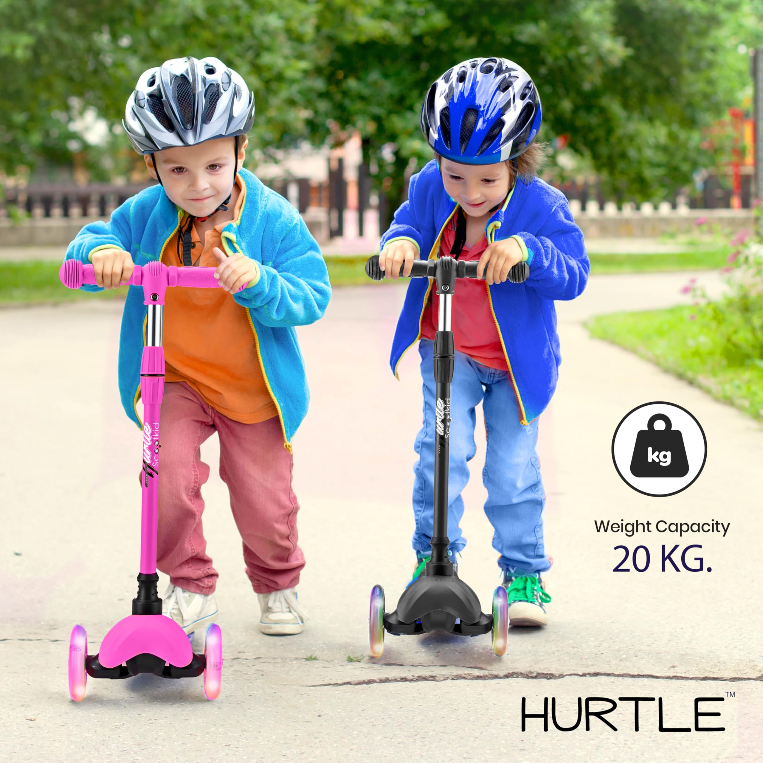 Hurtle Mini Kickboard Scooter for Kids - Height Adjustable 25-28, Lightweight 3-Wheel with LED Light-up Wheels, Anti-Slip,In