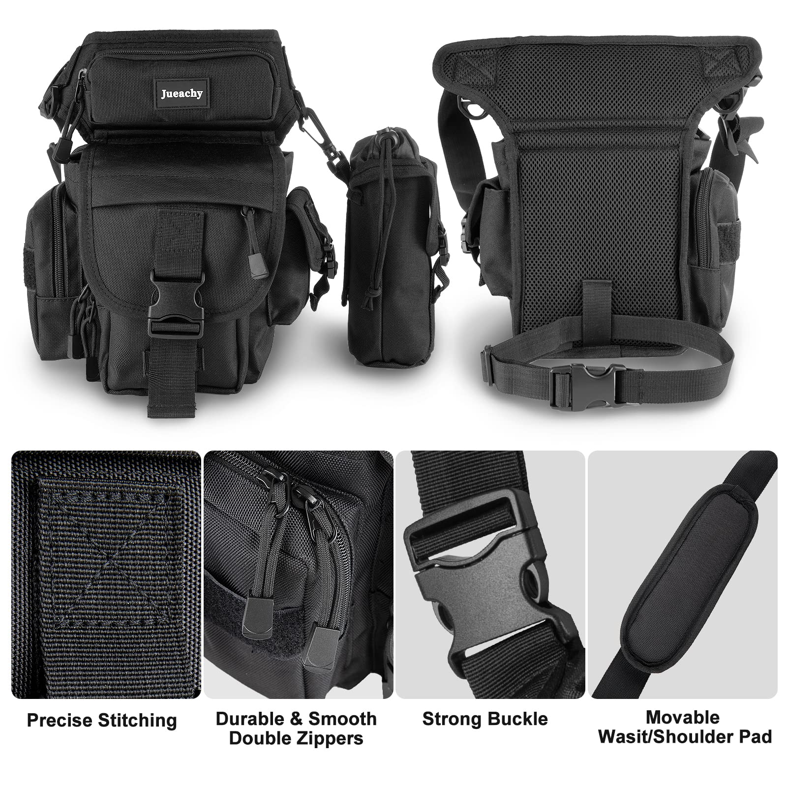 Jueachy Drop Leg Bag For Men Tactical Metal Detecting Thigh Pack With Water Bottle Pouch Black