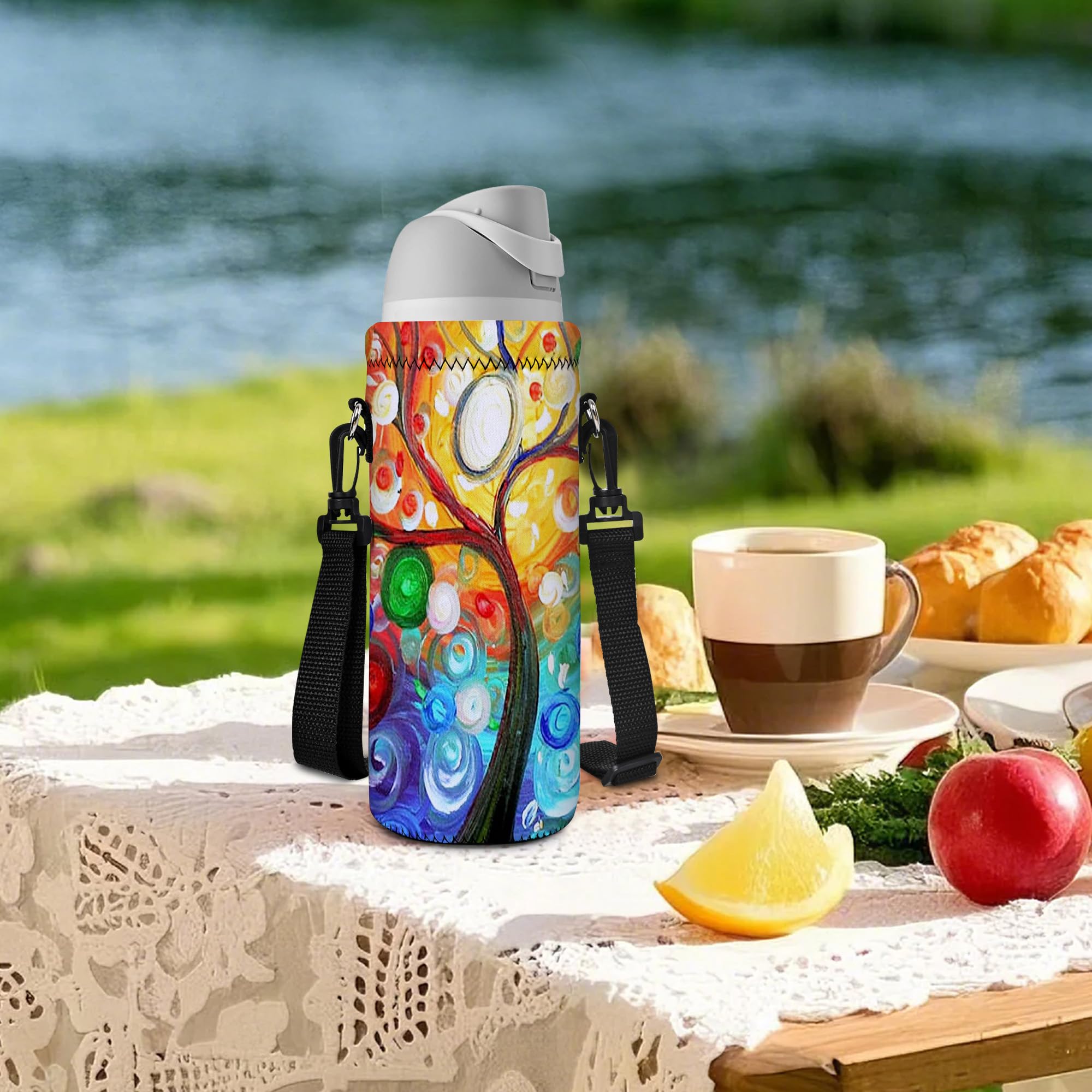 Aupet Water Bottle Carrier,Colorful Tree 500Ml Water Sport Bottle Cover Pouch Insulated Soft Sleeve Holder Case Shoulder Strap