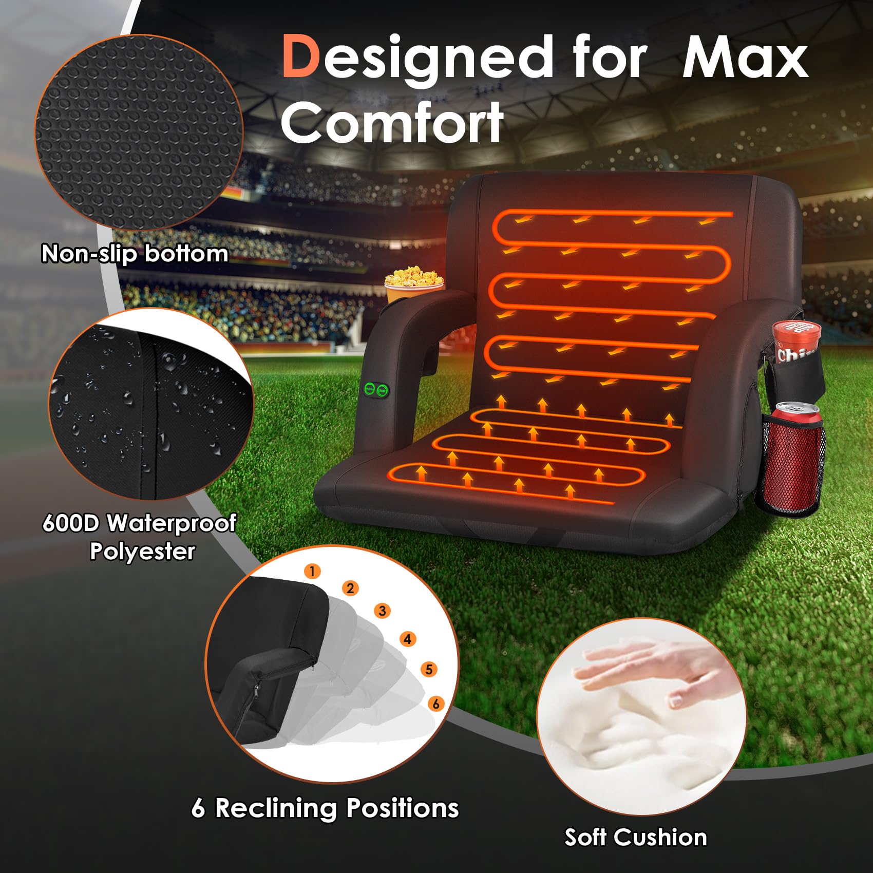 Hoperan 23'' Dual-Sided Heated Stadium Seats For Bleachers With Back Support, 3 Levels Heating Stadium Seating For Bleachers Sea