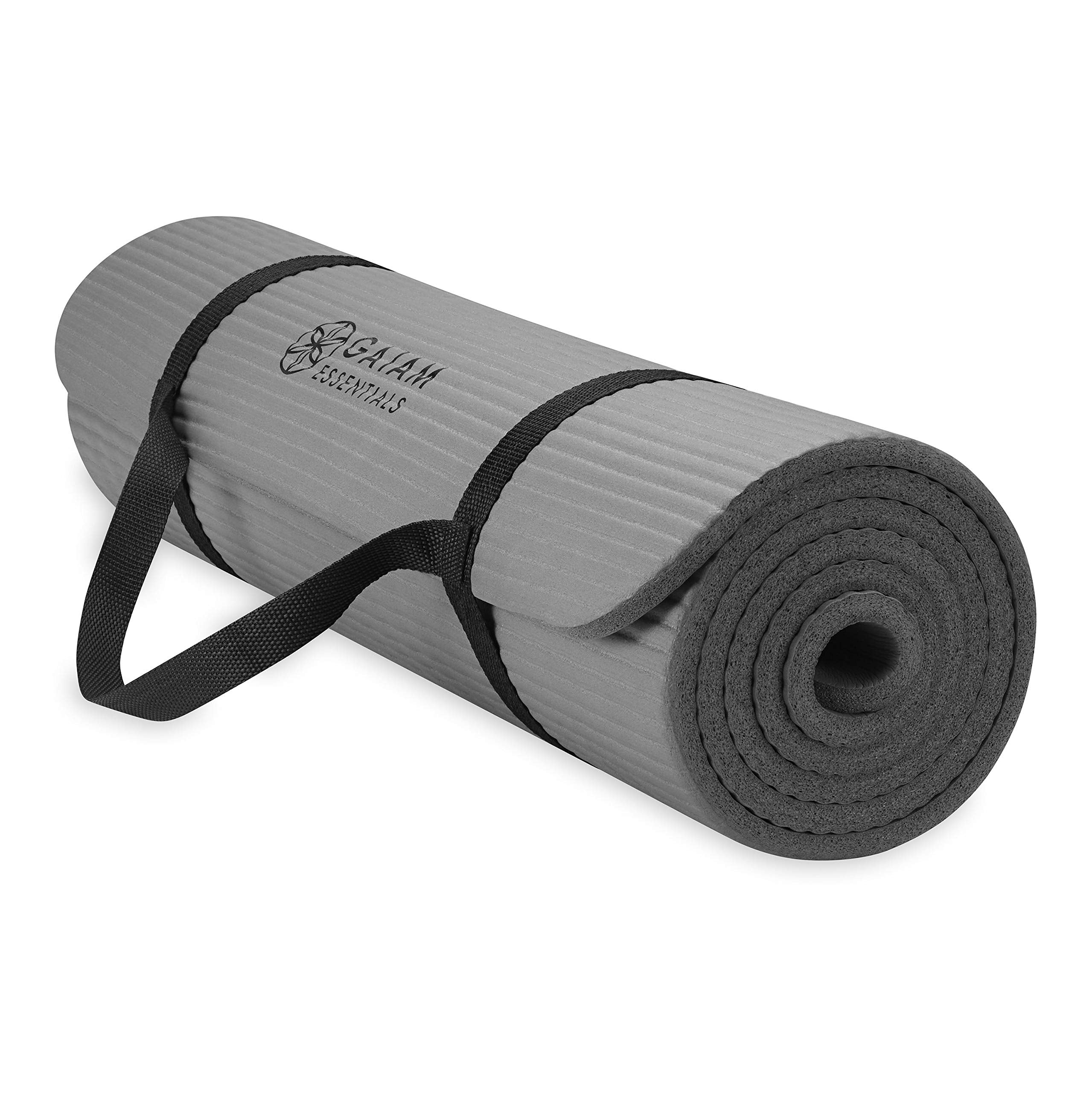 Gaiam Essentials Thick Yoga Mat Fitness & Exercise Mat With Easy-Cinch Carrier Strap, Grey, 72''L X 24''W X 2/5 Inch Thick, 10Mm