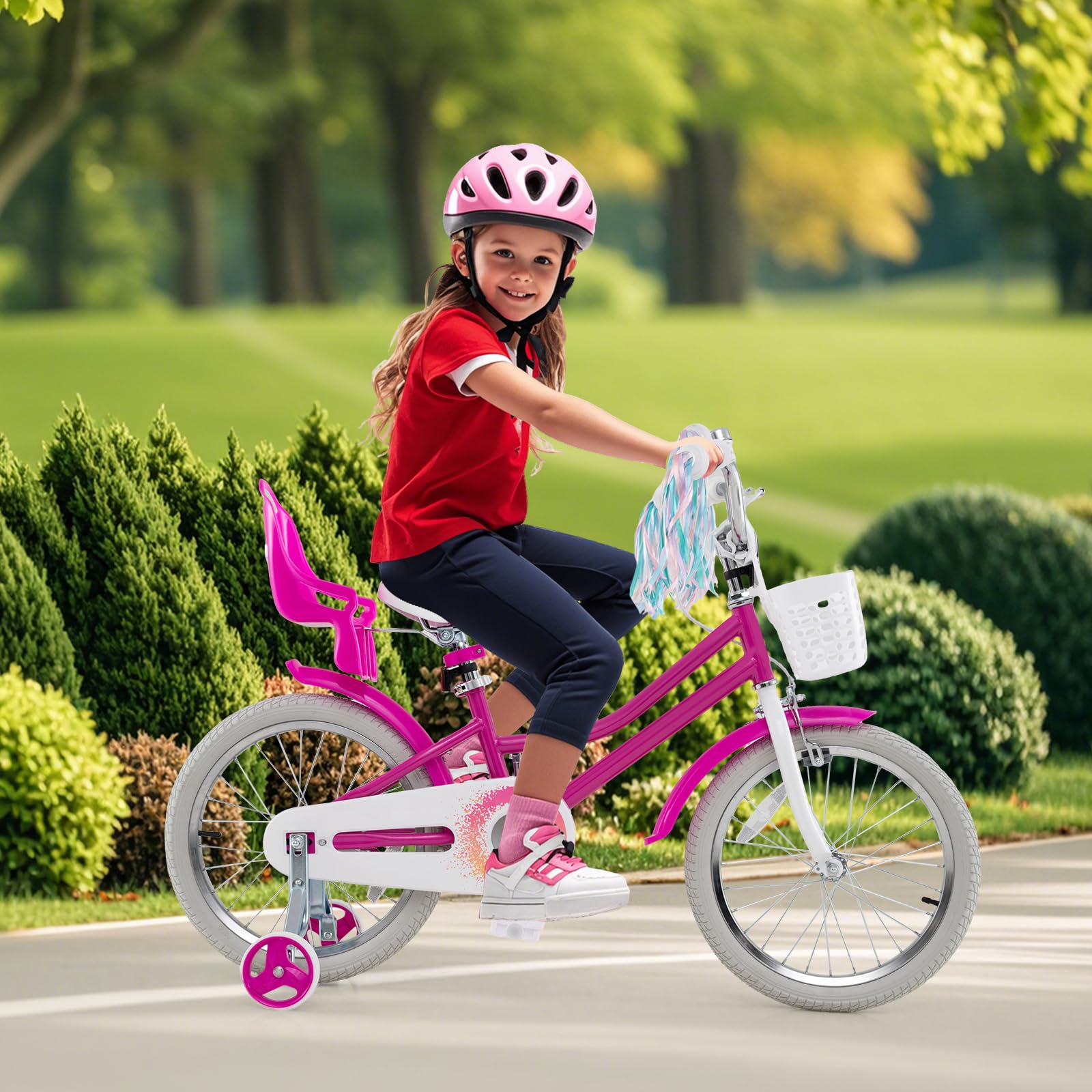 Baby Joy Girls Bike, 18 Inches Kids Bicycle W/Basket, Doll Seat, Colorful Streamers, Training Wheels, Reflectors, Handbrake & Co
