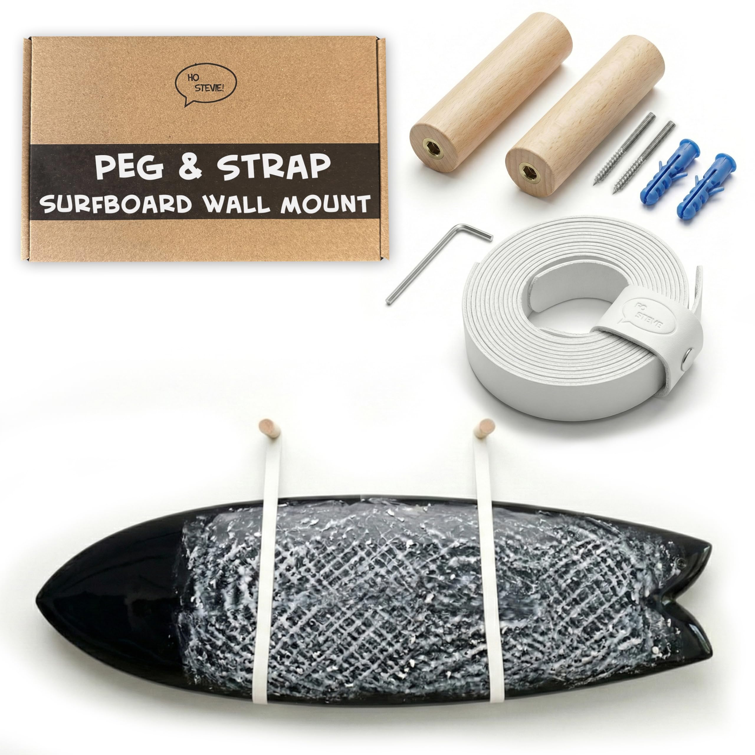 Ho Stevie! Surfboard Wall Mounts - Wood Pegs + Leather Straps - Hang Any Surf Board - Easy Installation