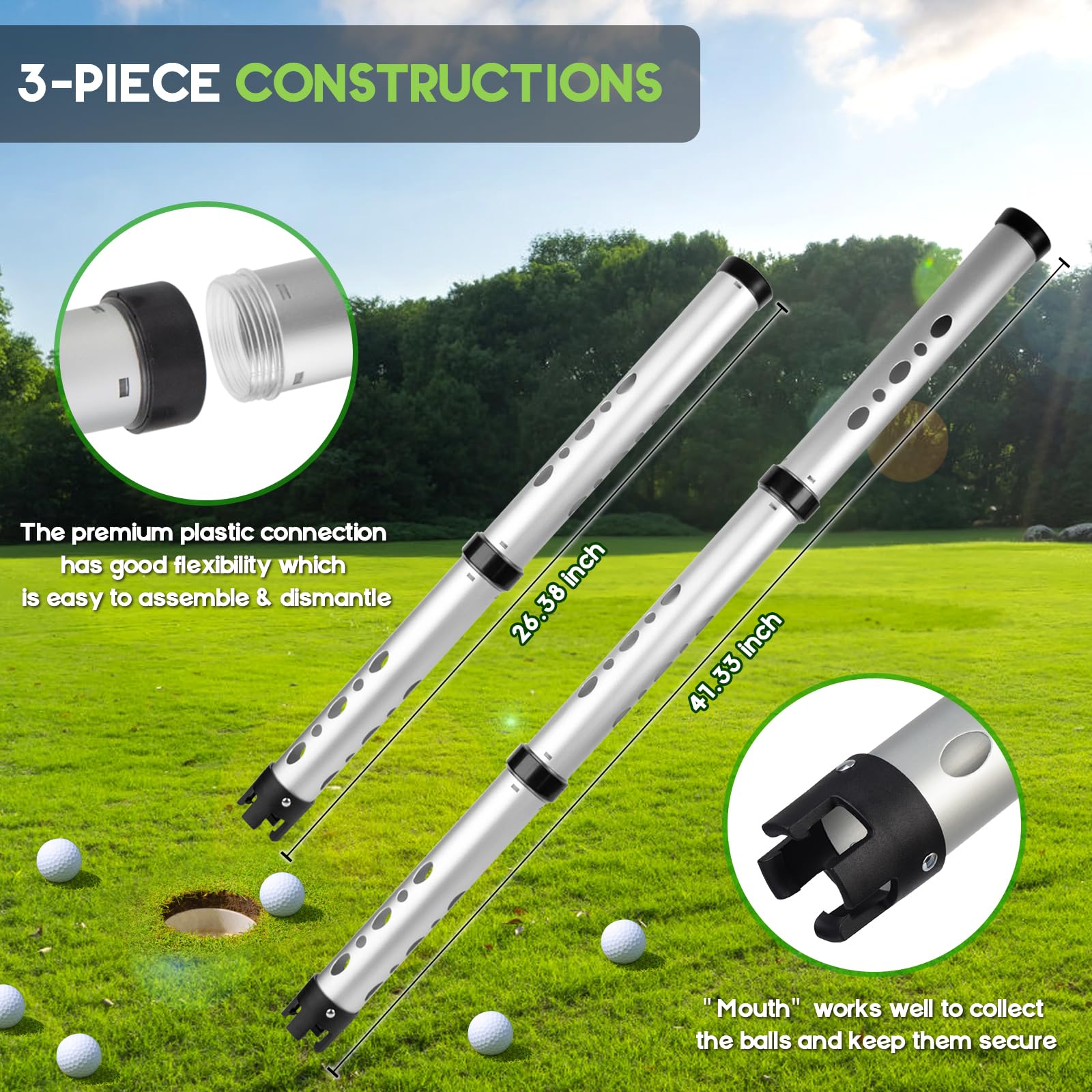 River Hill Golf Golf Ball Retriever, 3 Pieces Aluminum Alloy Picker Upper Tube W/Storage Bag, 25 Golf Balls Shagger Grabber, 41.