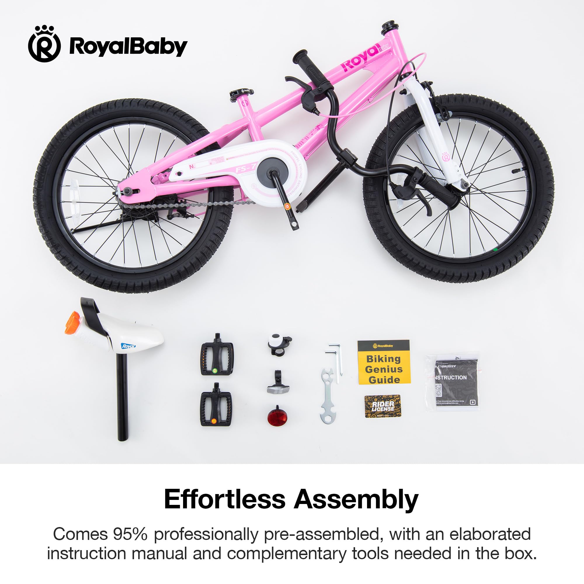 RoyalBaby Freestyle 7 Kids Bike 18 Inch Wheel Bicycle Beginners Girls Ages 5-8 Years, Kickstand and Water Bottle Included, Pink