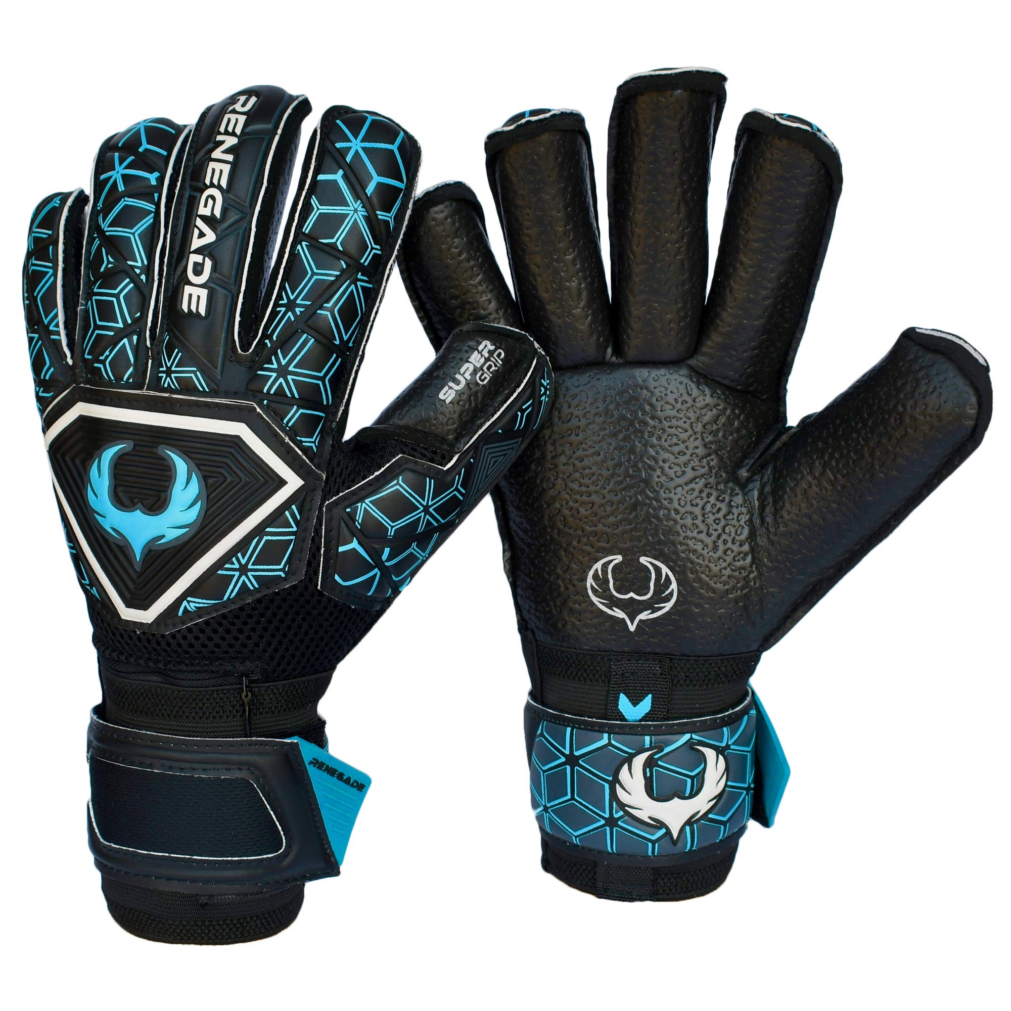 Renegade GK Triton Specter Goalie Gloves with Pro-Tek Fingersaves | 3.5+3mm Super Grip & 4mm Duratek | Black & Blue Soccer Goalk