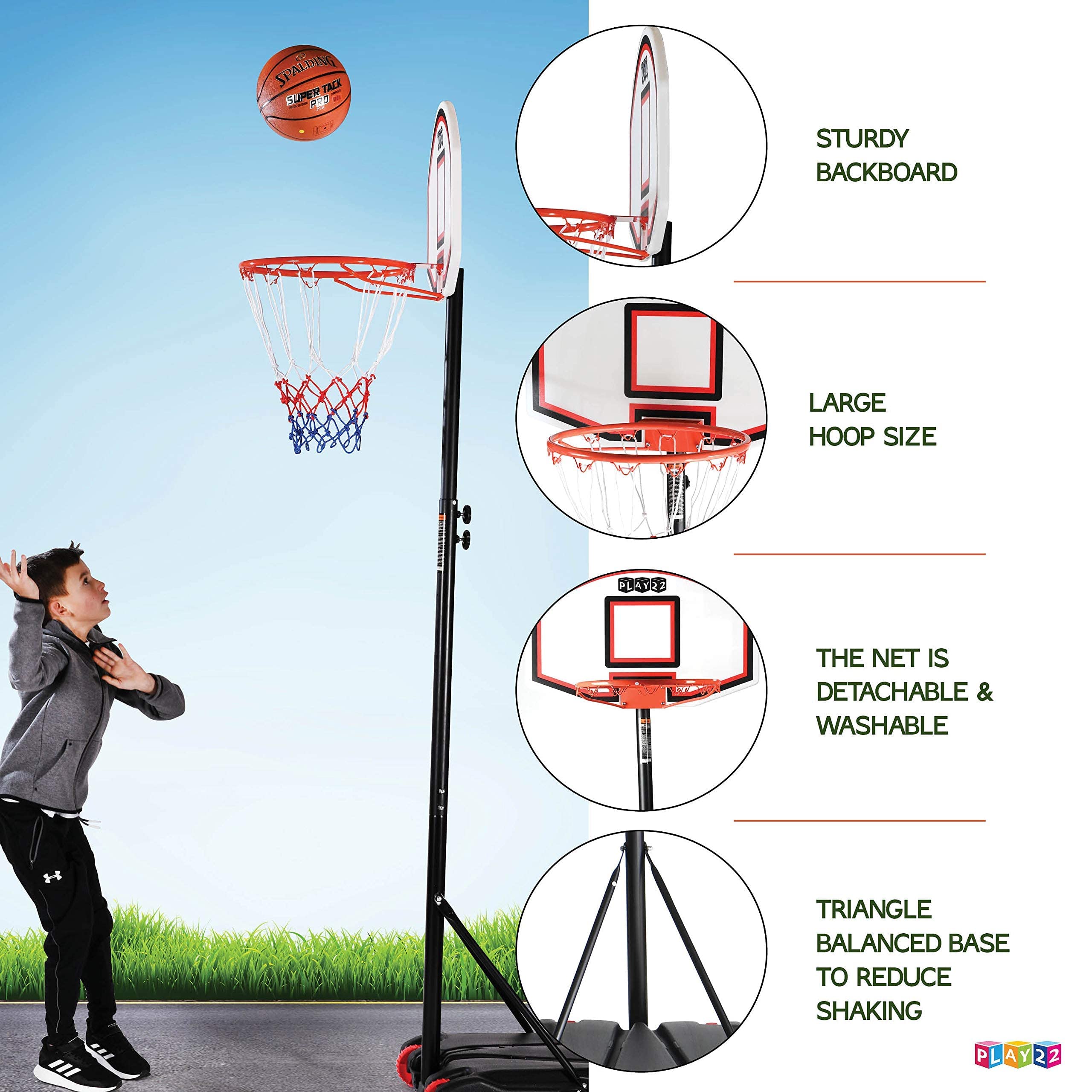 Play22 Kids Adjustable Basketball Hoop Height 5-7 Ft - Portable Basketball Hoop For Kids Teenagers Youth And Adults With Stand &
