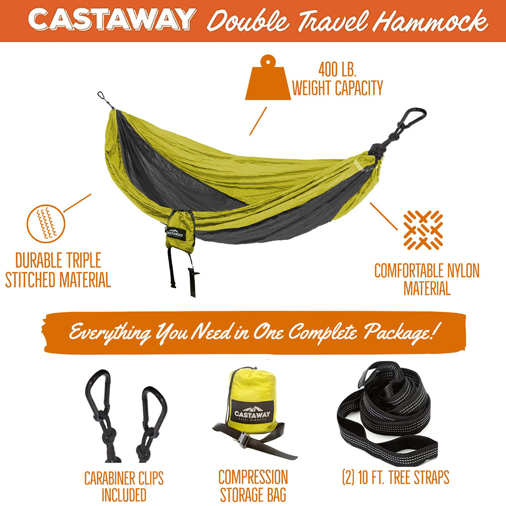 Castaway Travel Hammocks Double Lime/Charcoal Camping Hammock With 2 Tree Straps, Triple Stitched Durable Nylon Material, Compac