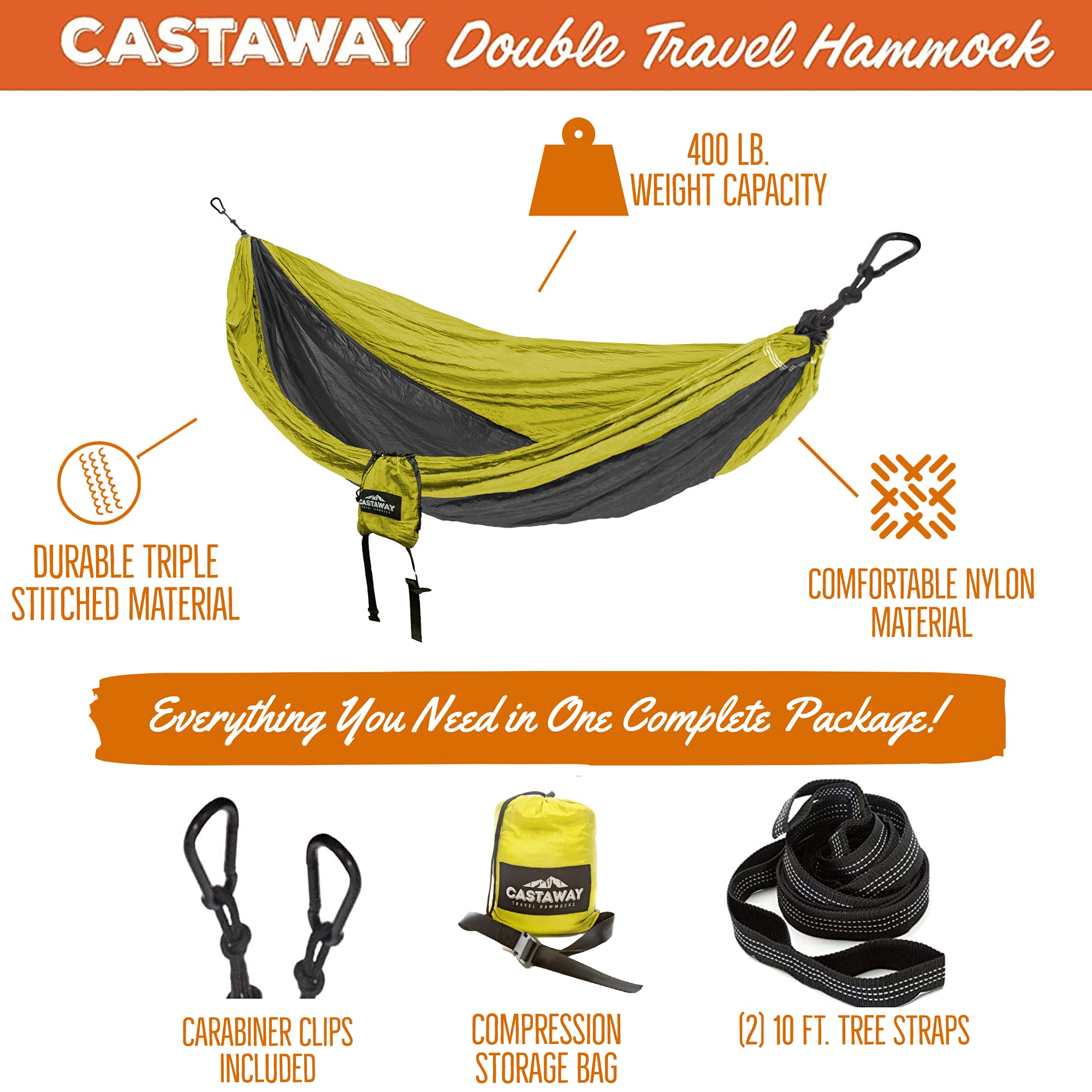 Castaway Travel Hammocks Double Lime/Charcoal Camping Hammock With 2 Tree Straps, Triple Stitched Durable Nylon Material, Compac