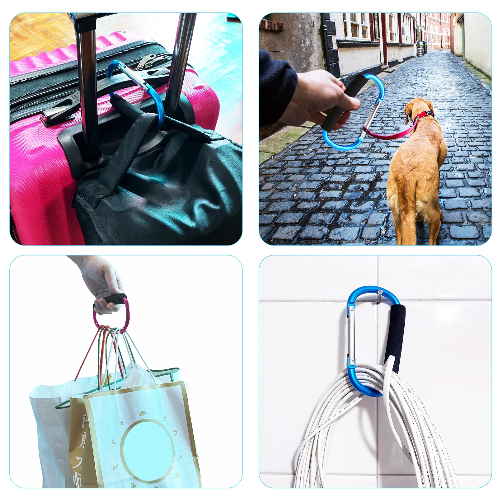 Sansheng 4 Pack Large Carabiner - 5.5'' D-Style Click And Carry Bag Carrier Stroller Hooks(Light Blue And Rose Red)