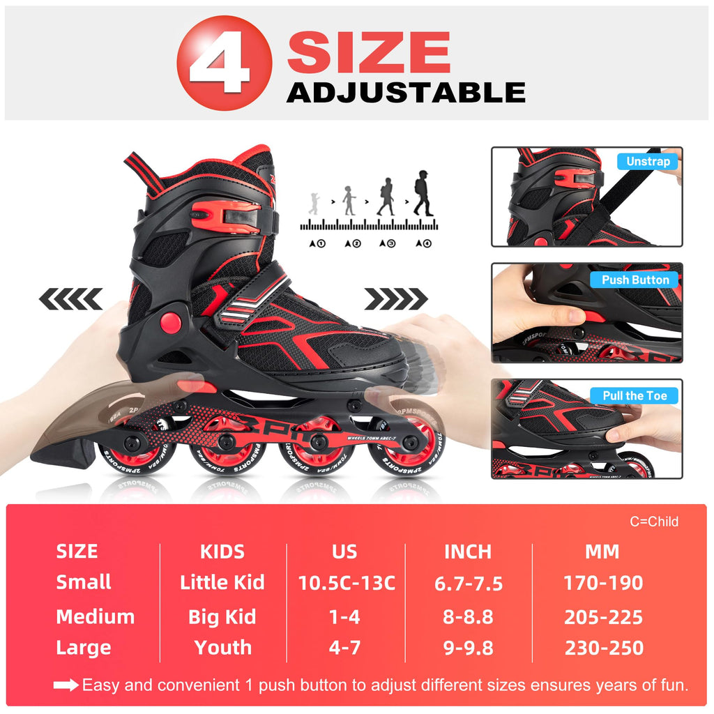 2Pm Sports Torinx Boys Adjustable Inline Skates, Fun Beginner Roller Skates For Kids, Youth, Girls, Men And Women - Red Medium