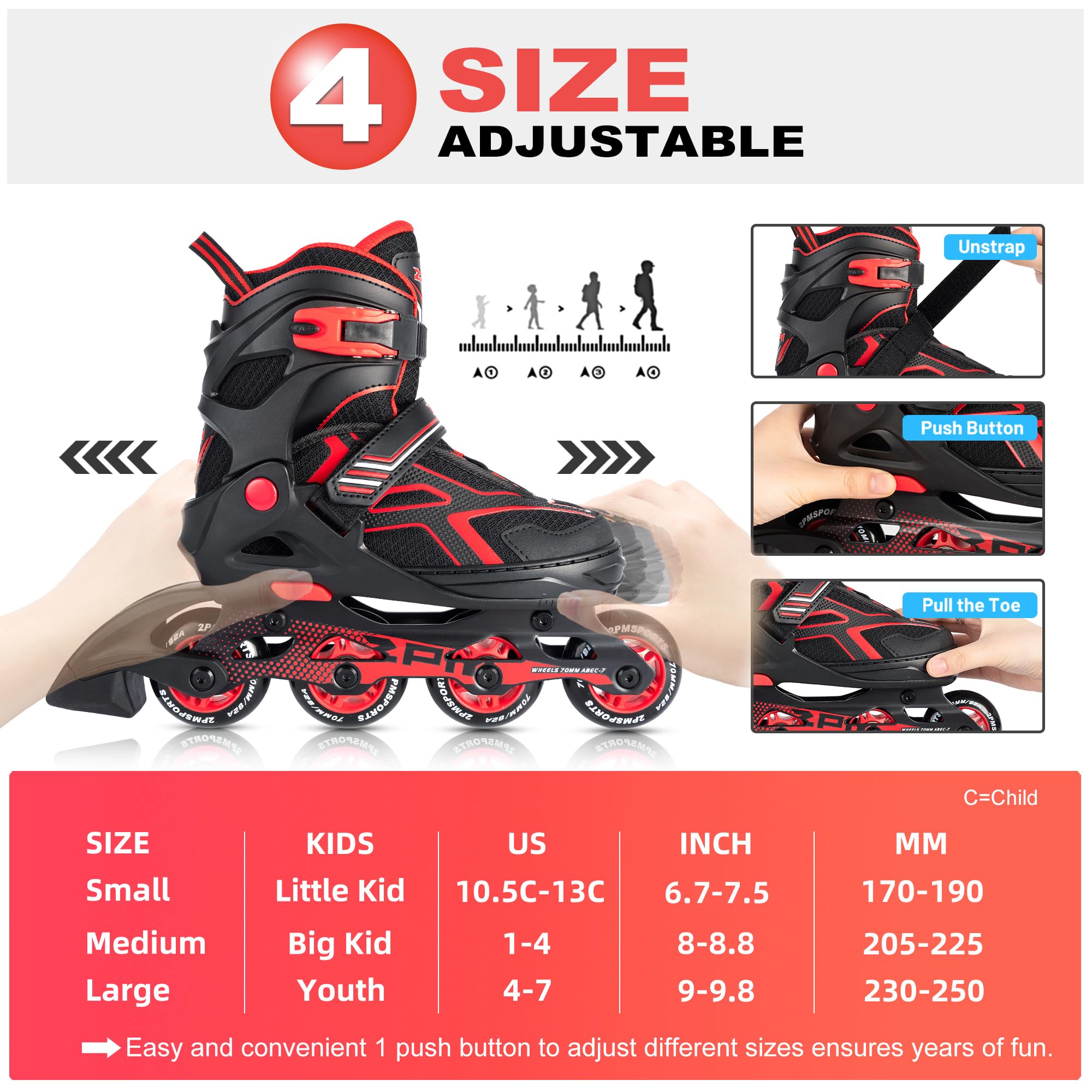 2Pm Sports Torinx Boys Adjustable Inline Skates, Fun Beginner Roller Skates For Kids, Youth, Girls, Men And Women - Red Medium
